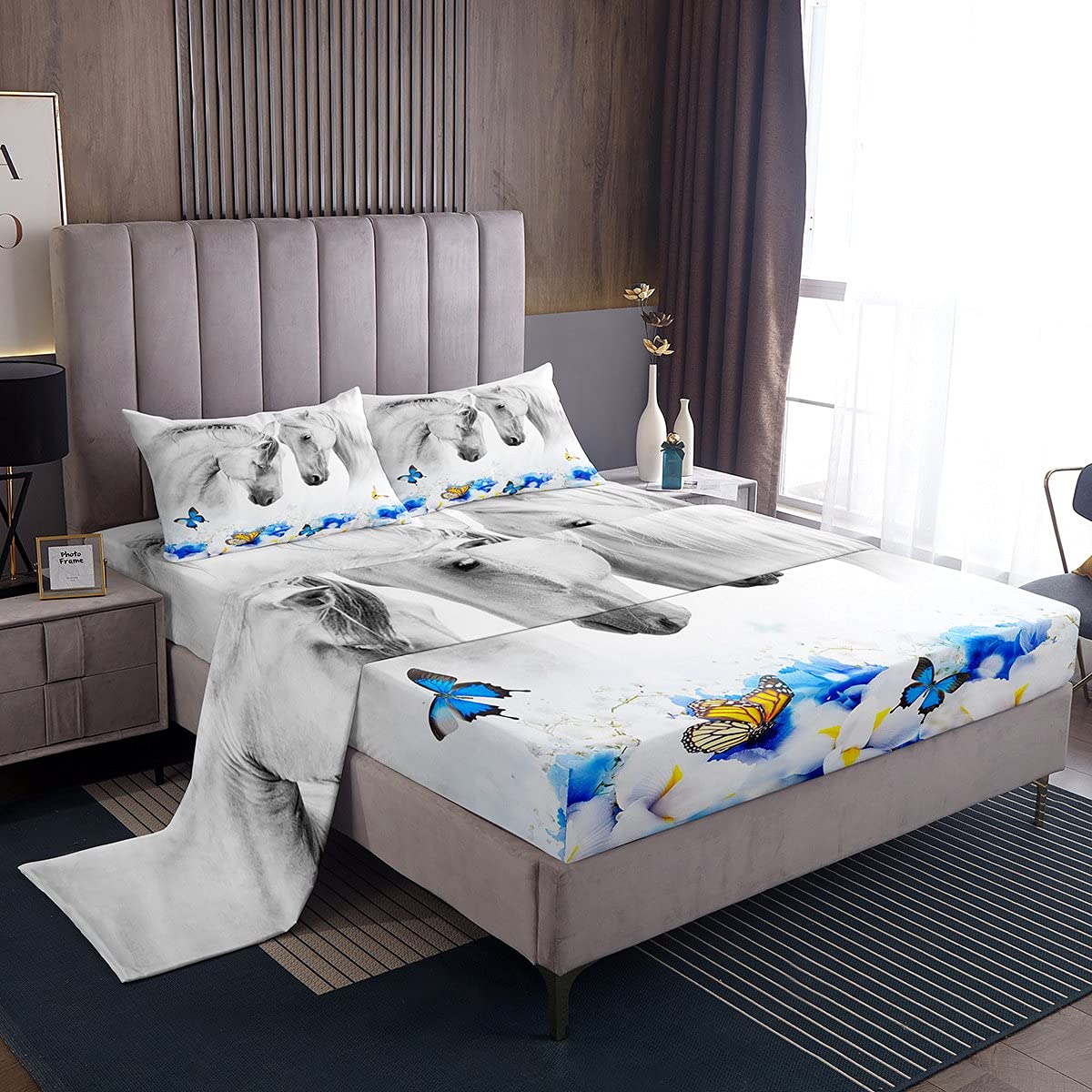 Premium Full Size White Horse Animal Theme Bed Sheet Set - 4pc Deep Pocket Fitted Sheet, Flat Sheet & 2 Pillowcases - Blue & Yellow Butterfly Decor Kids Bedding for Boys & Girls - Perfect for Nursery, Kids Room & Sleepovers
