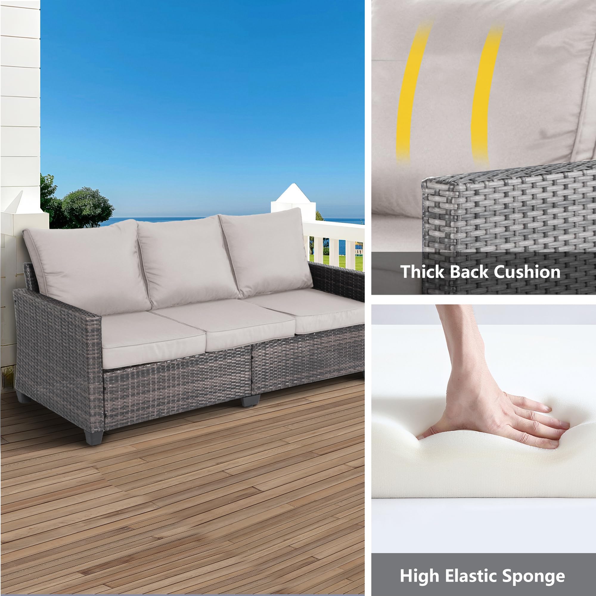 All Weather Wicker Patio Couch - 3-Seater Outdoor Sofa with High Curved Back, Durable Brown Rattan & Thick Cushions - Perfect for Garden, Backyard, Porch, Poolside & Patio Furniture (Beige)