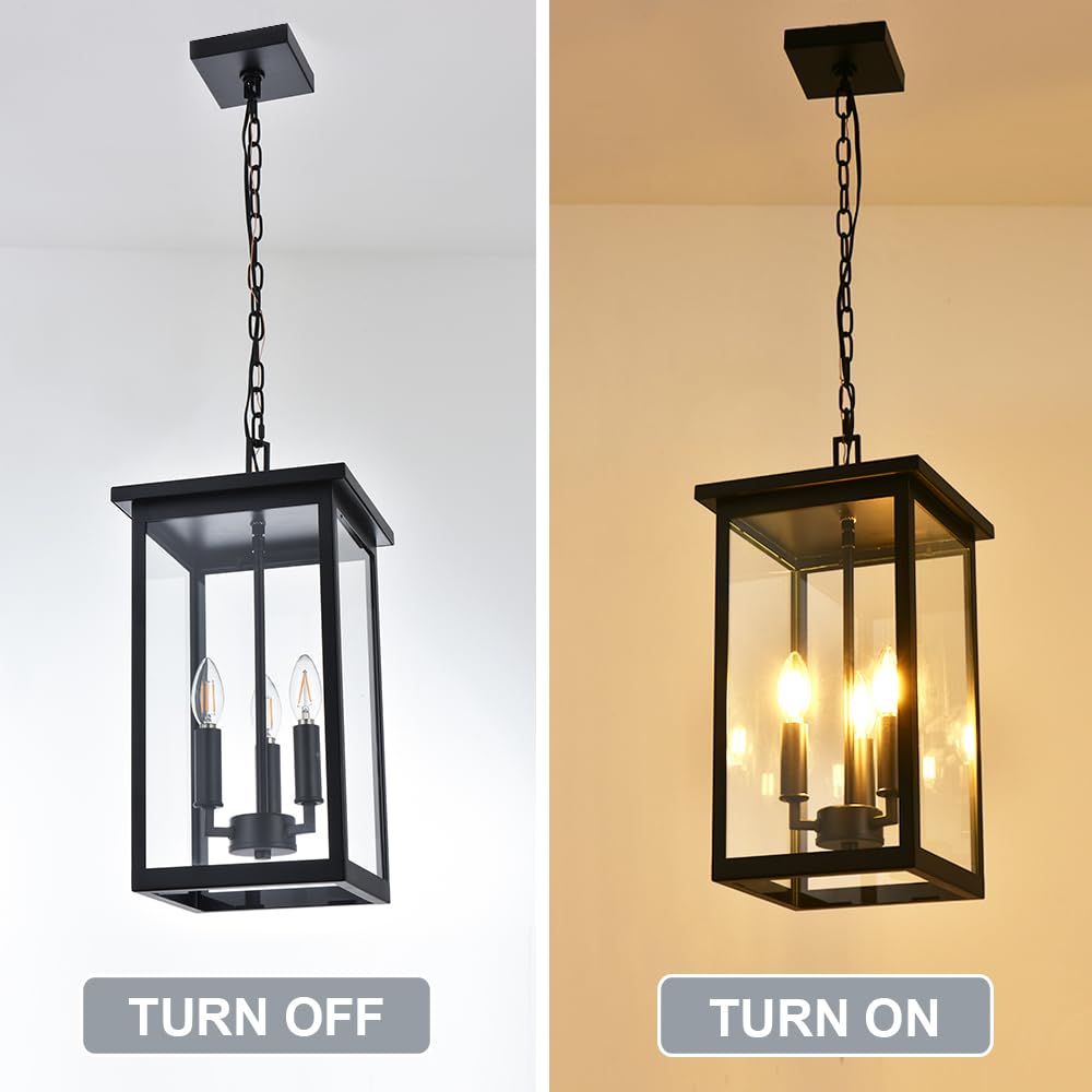 Black Outdoor Pendant Lantern - E12 Candle Chandelier with 3 Lights - Large Exterior Hanging Light Fixture with Clear Glass & Adjustable Height - Perfect for Indoor Entryway, Porch, Patio & Garden Lighting
