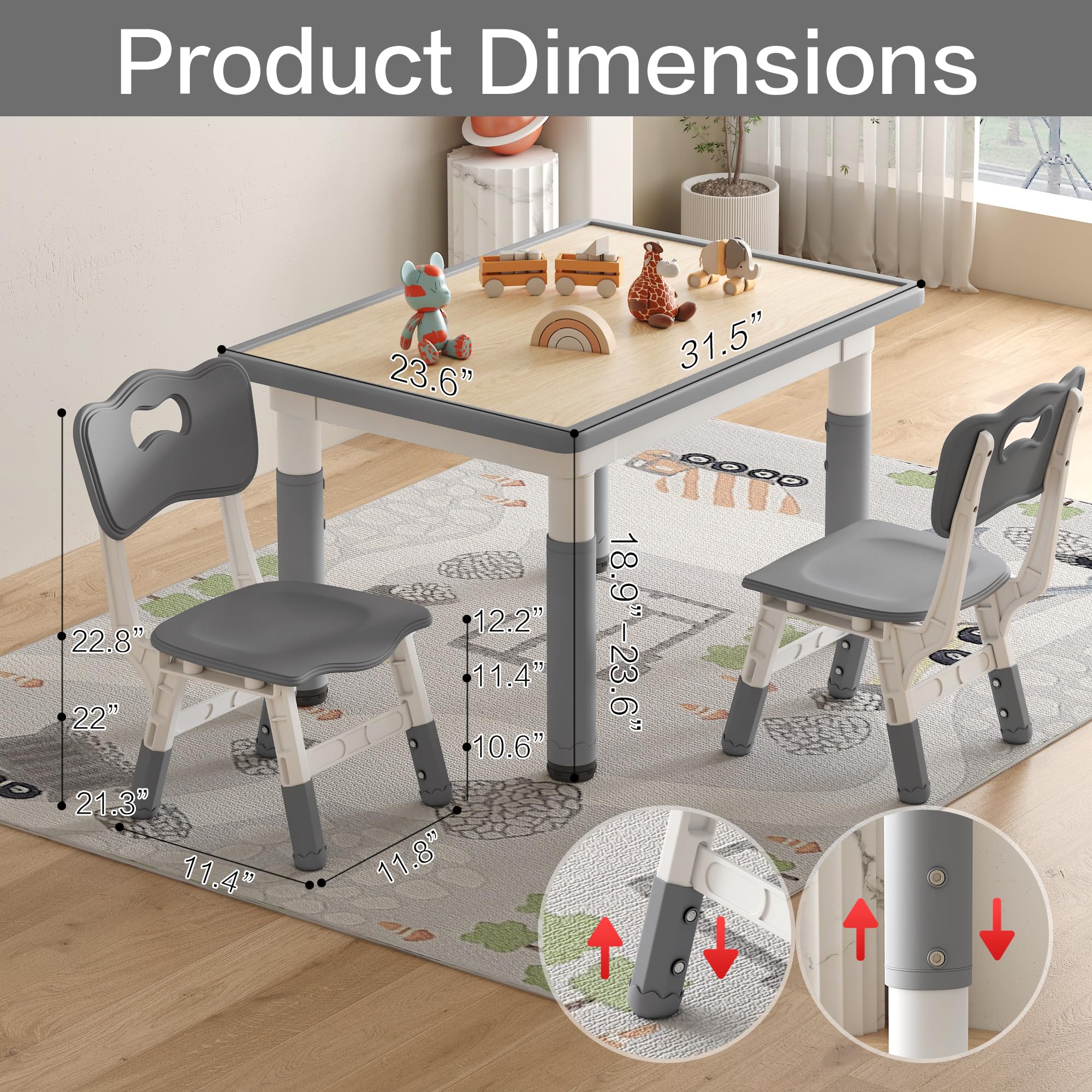 Adjustable Kids Table and Chairs Set - 31.5