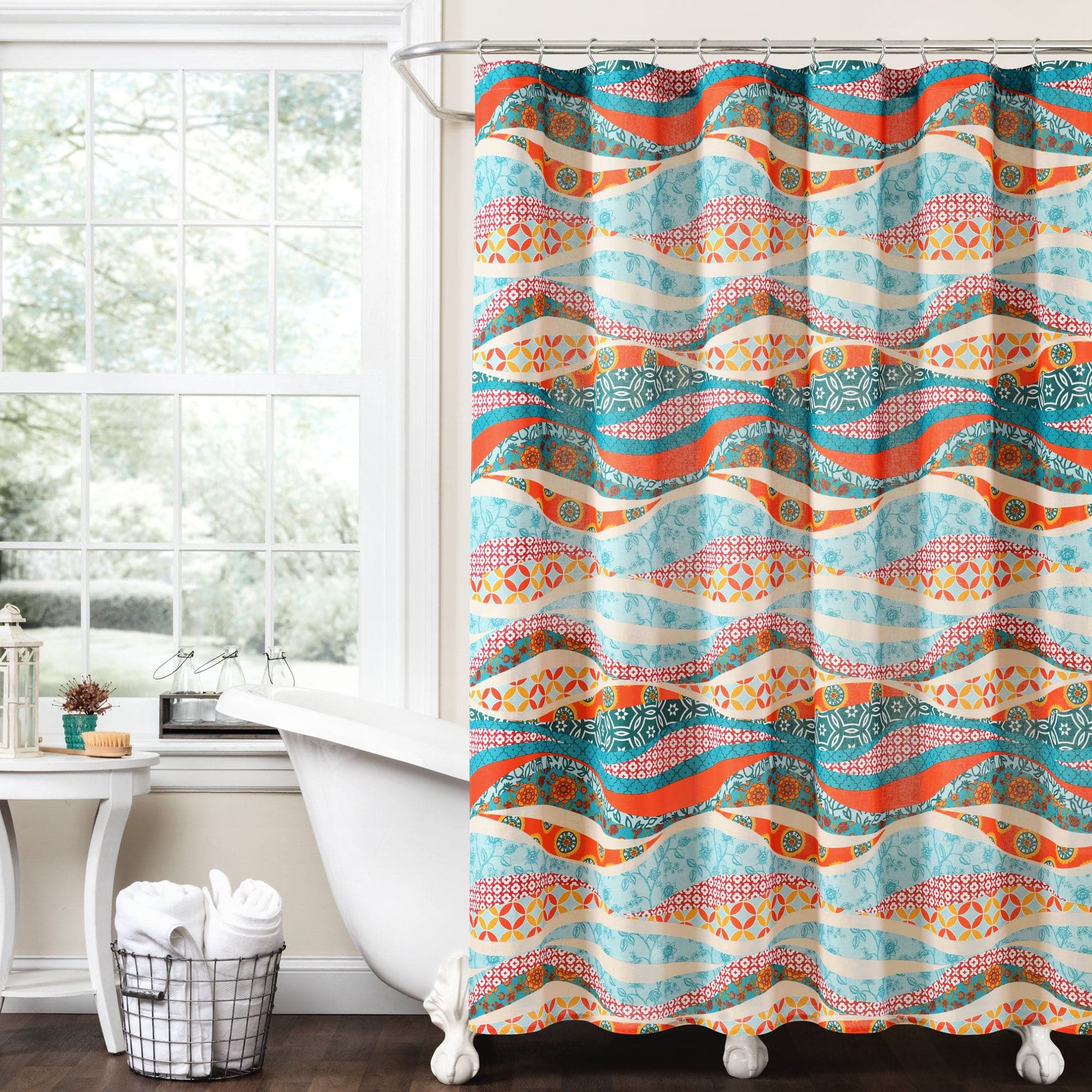 Hailey Watercolor Wave Cotton Shower Curtain - Waterproof Bathroom Decor for Modern Homes, Beach & Coastal Theme