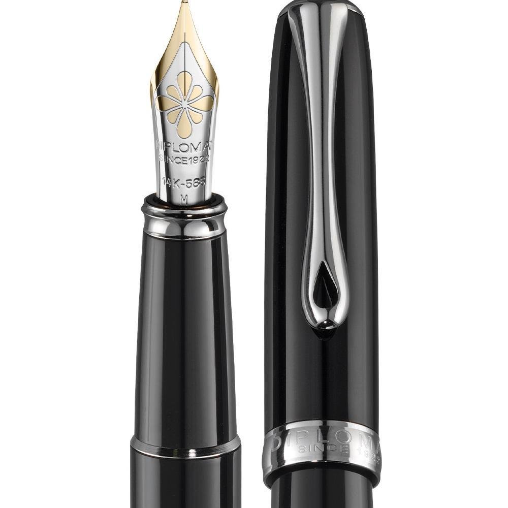 Diplomat Excellence A2 Fountain Pen with 14K Gold Broad Nib - Premium Black Lacquer Finish for Writing, Calligraphy & Gift Giving