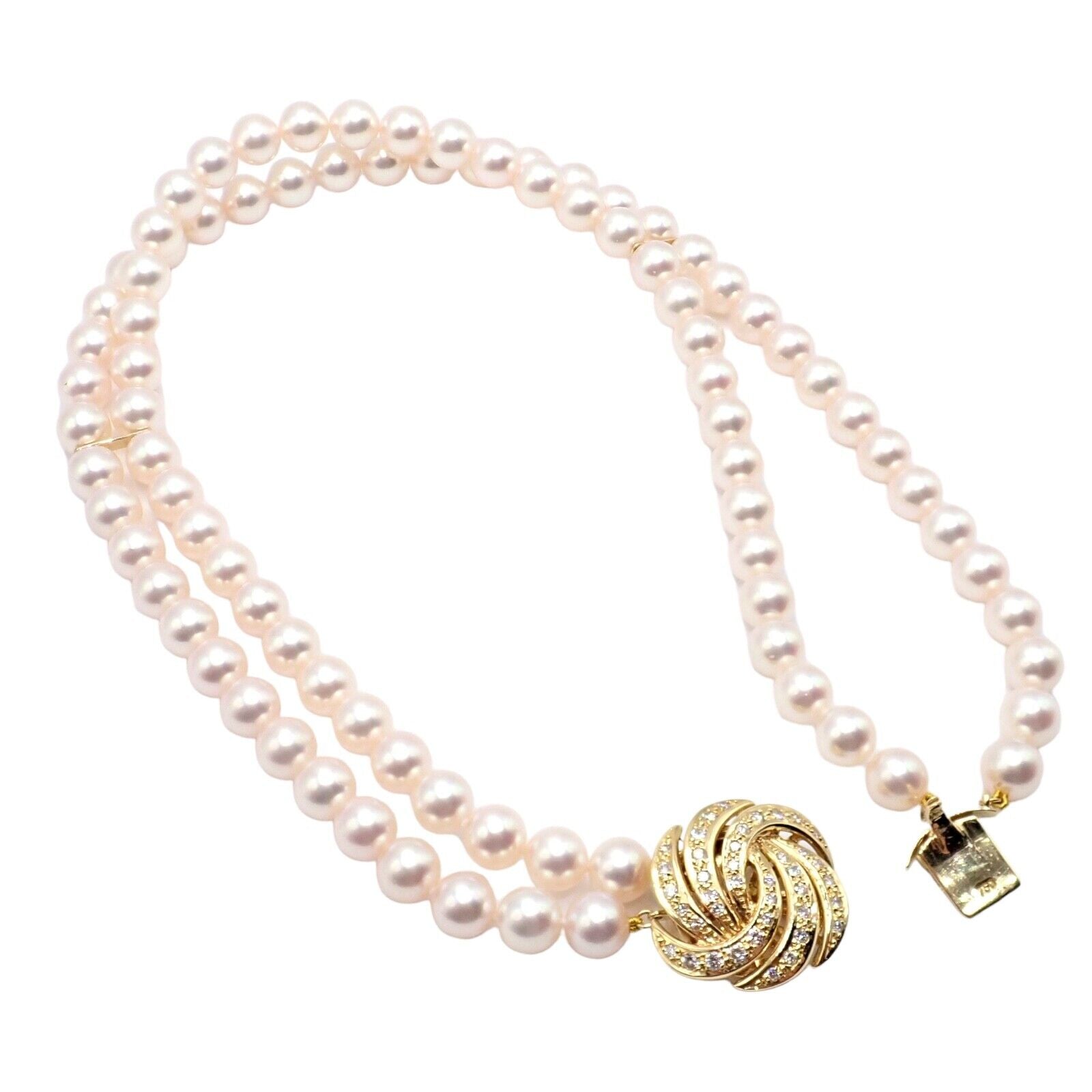 Authentic Mikimoto 18k Yellow Gold Diamond Double Strand 8mm Pearl Necklace - Elegant Jewelry for Weddings, Anniversaries & Special Occasions