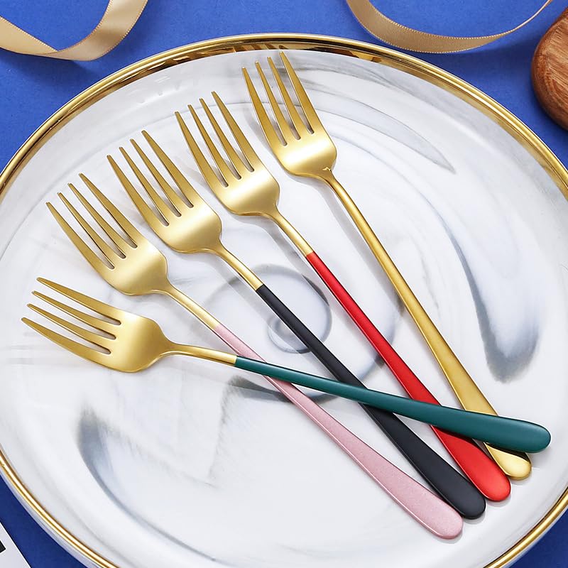 Stainless Steel Long Handle Forks Set - 6-Piece Pink Gold Fruit Forks, Dinner Forks, Salad Forks for Camping, Bento, Restaurant & Kitchen Cutlery Accessories - Perfect for Picnics, Parties & Outdoor Dining