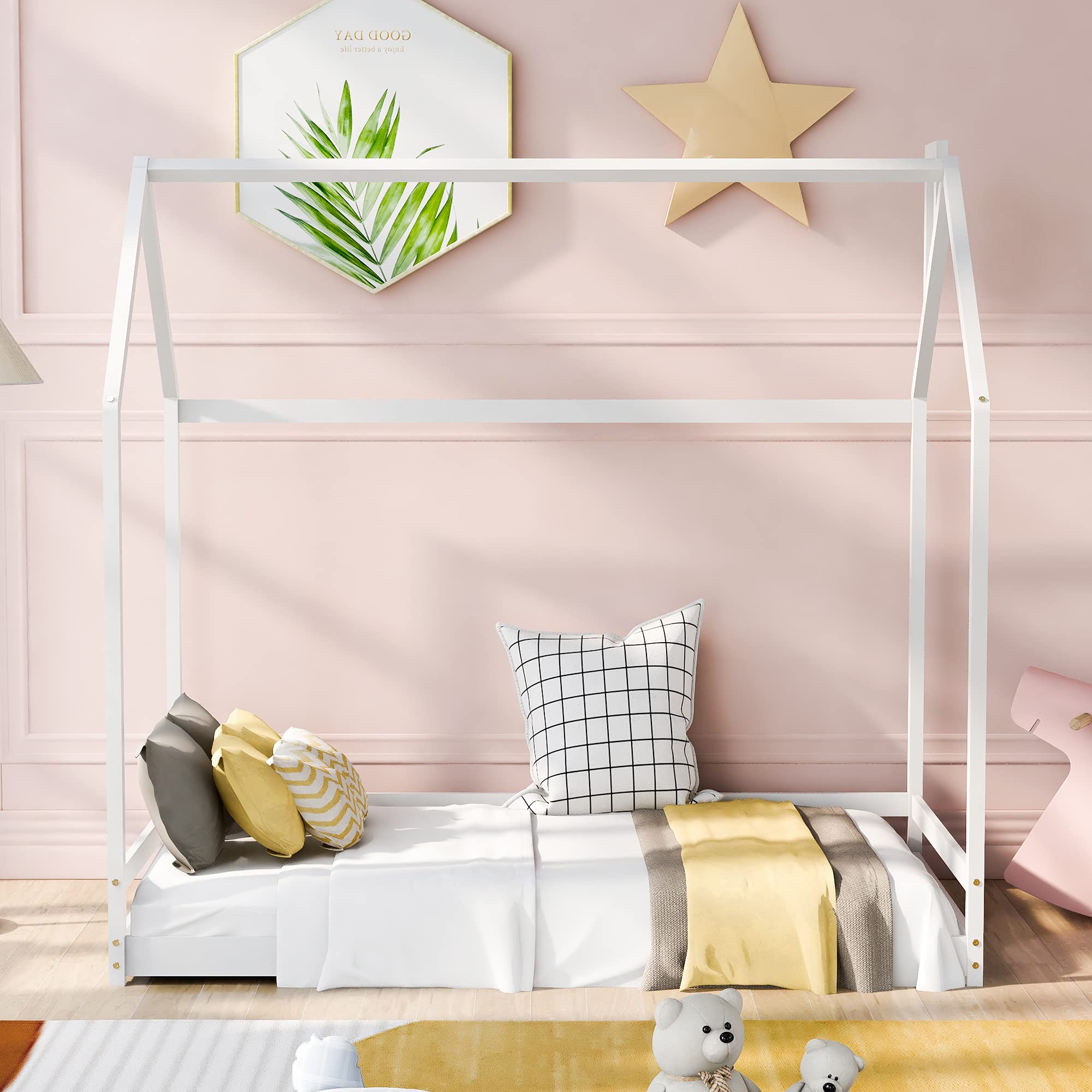 Solid Wood House Bed Frame with Roof Design - No Box Spring Needed, Space-Saving Wooden Floor Bed for Kids | Easy Assembly in White | Perfect for Boys & Girls Bedrooms, Playrooms & Small Spaces