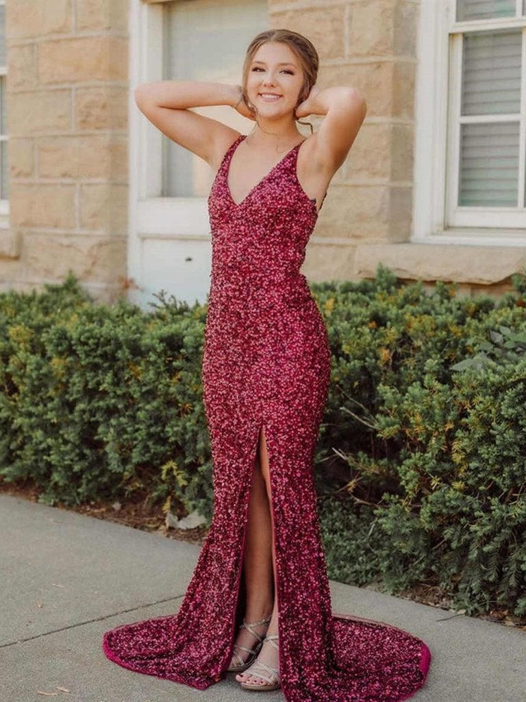 Elegant Long Mermaid V-Neck Burgundy Sequin Prom Dress - Sleeveless Formal Gown for Homecoming, Evening Parties & Special Occasions