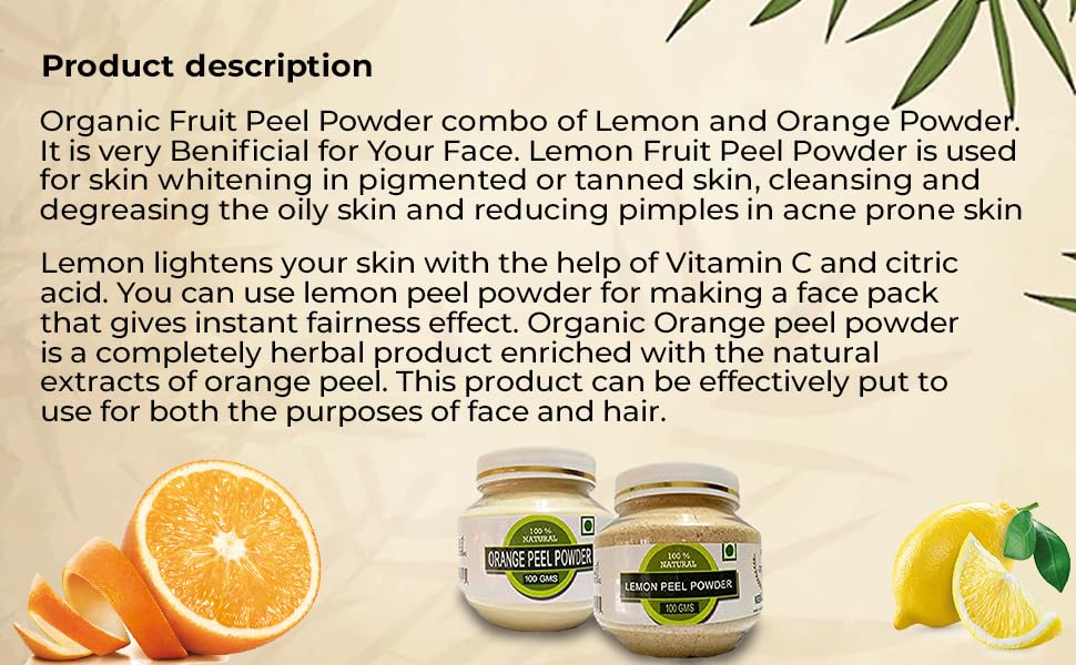 Organic Lemon & Orange Peel Powder for Skin Care - 200g (100g Each) | RAINTECH HERBALS Citrus limonum & Citrus aurantium | Brightening Face Mask, Natural Exfoliator & DIY Beauty Recipes