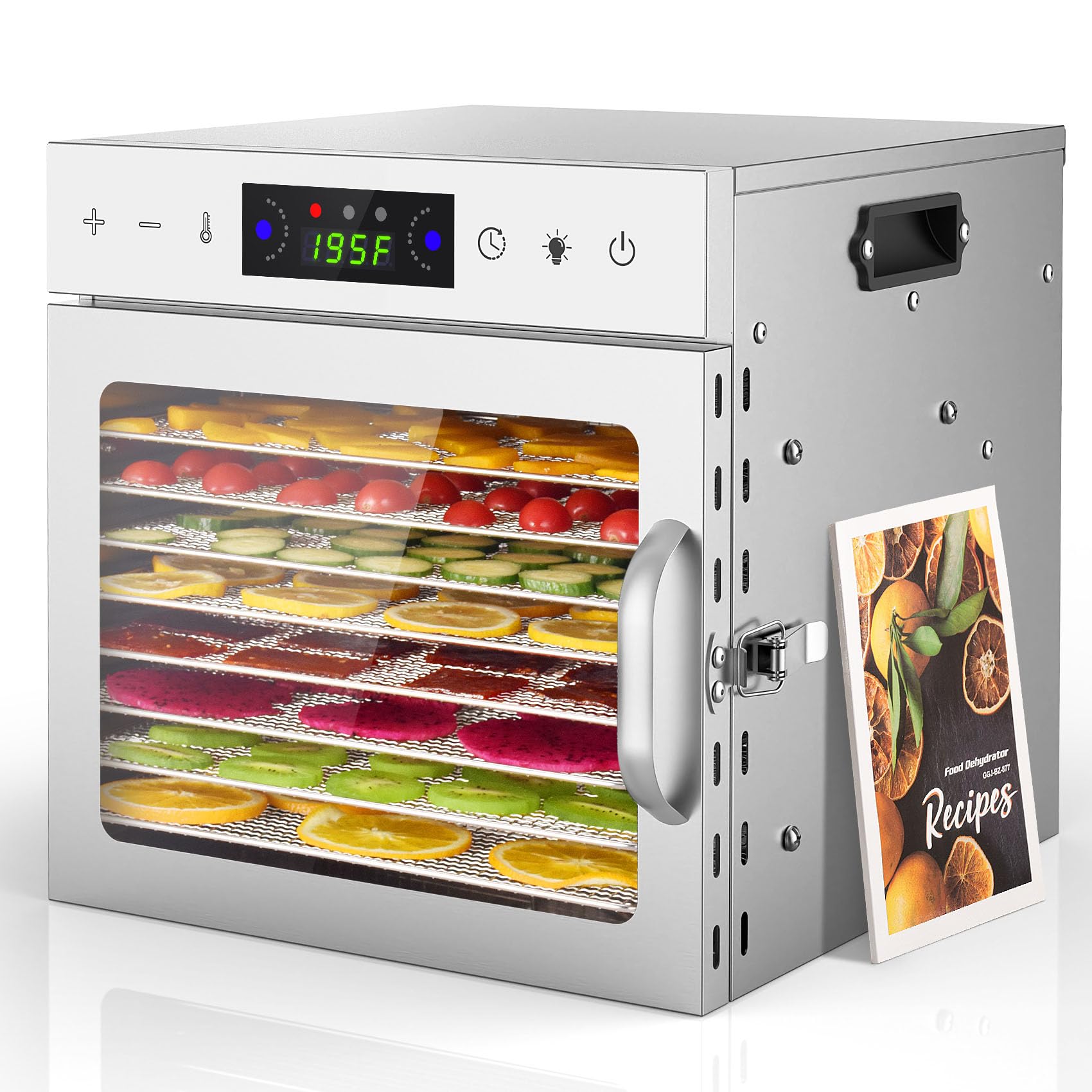 HOPERAN 8-Tray Stainless Steel Food Dehydrator Machine - Digital Timer & Temperature Control for Jerky, Herbs, Fruits - Overheat Protection with Free Recipe Book - Perfect for Home Kitchen, Camping & Healthy Snacks