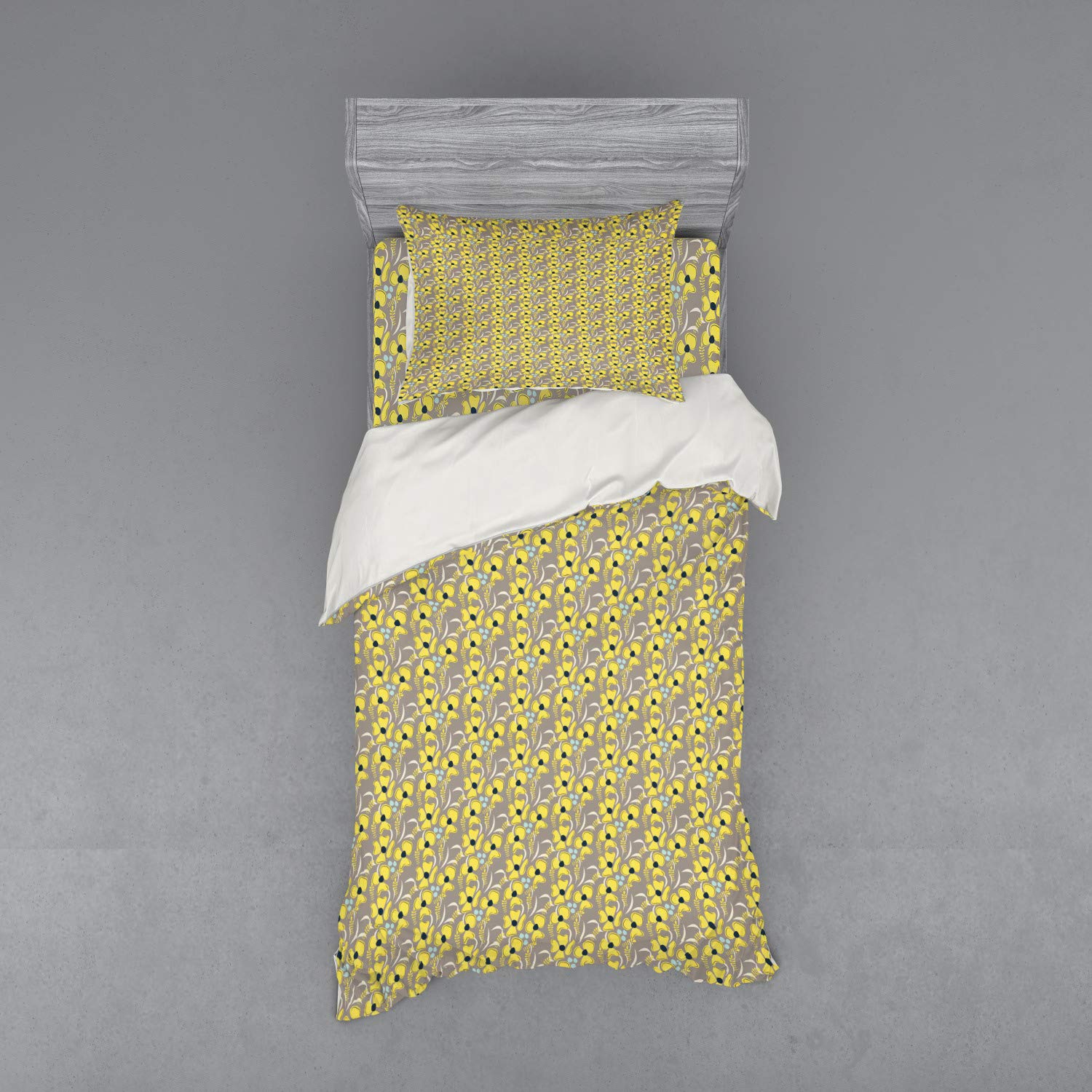 Ambesonne Taupe Duvet Cover Set - Romantic Meadow Floral Design, 3-Piece Bedding Set with Sham & Fitted Sheet, Twin XL Size in Indigo Yellow Taupe - Perfect for Spring Bedroom Decor & Feminine Home Styling