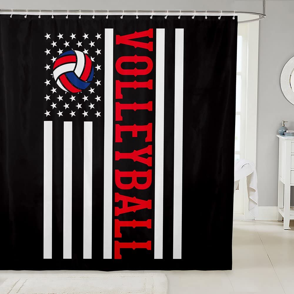 Volleyball Shower Curtain Set - American Flag Sports Design for Bathroom Decor - 72x72 inches - Perfect for Game Room or Sports-Themed Bath