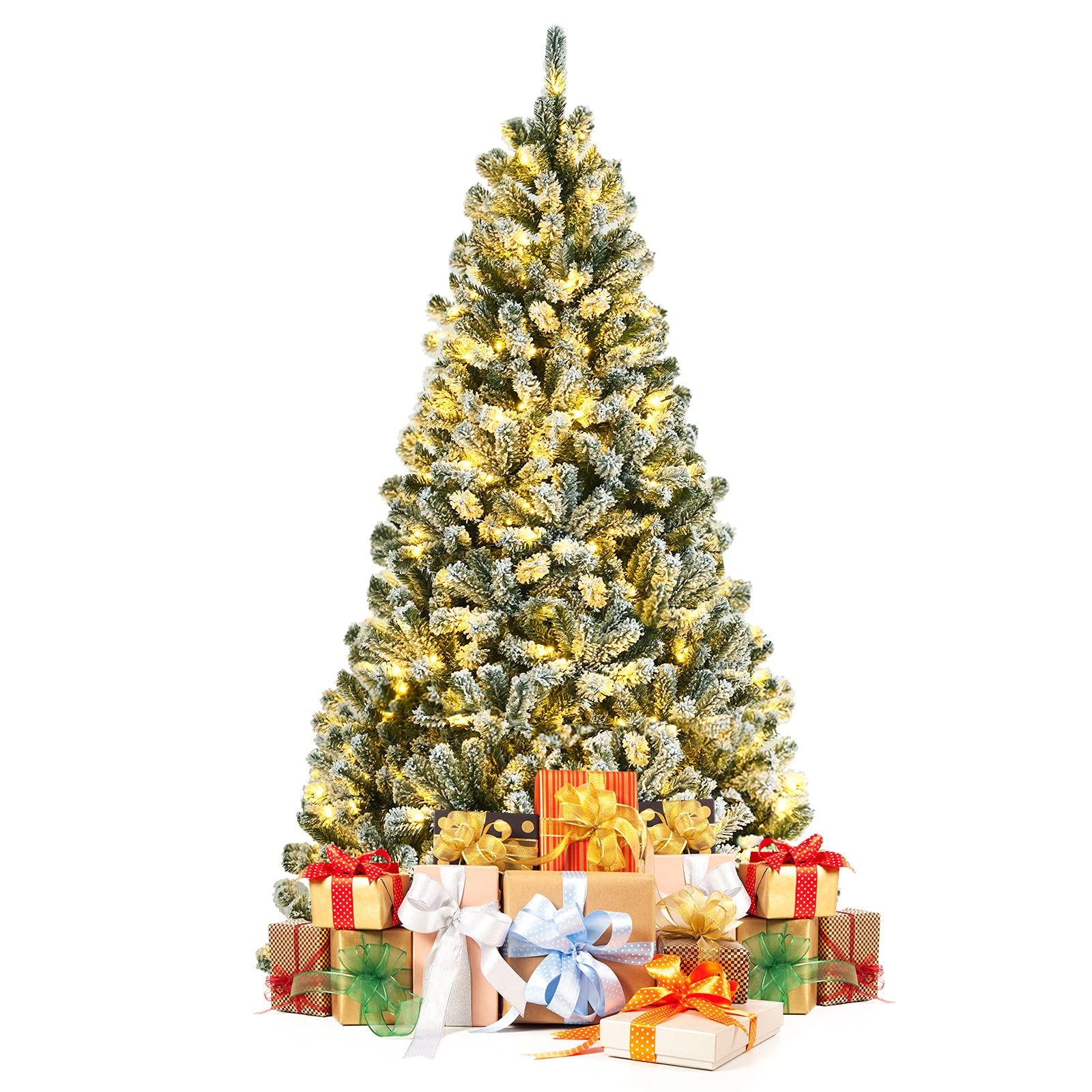 GOFLAME 6FT Pre-lit Artificial Christmas Tree with 250 Warm White LED Lights - Snow Flocked Full Xmas Tree with 928 Branch Tips & Foldable Stand - Perfect for Holiday Indoor Decor in Living Room, Office, and Party Settings