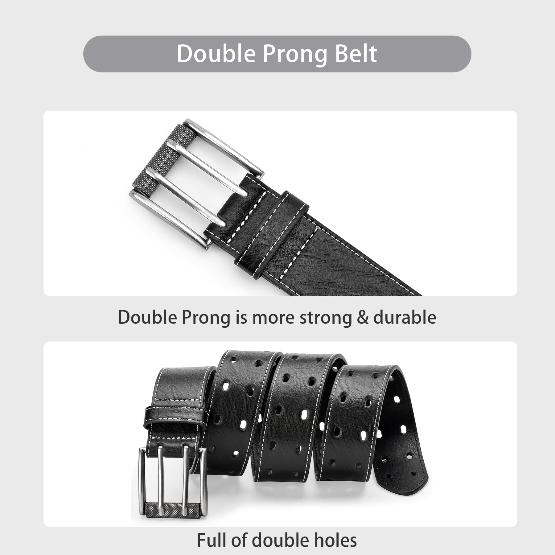 Premium Men's Leather Belt with Double Prong Buckle - Classic Casual & Heavy Duty Work Belt for Jeans & Pants - Perfect for Office, Daily Wear & Outdoor Activities