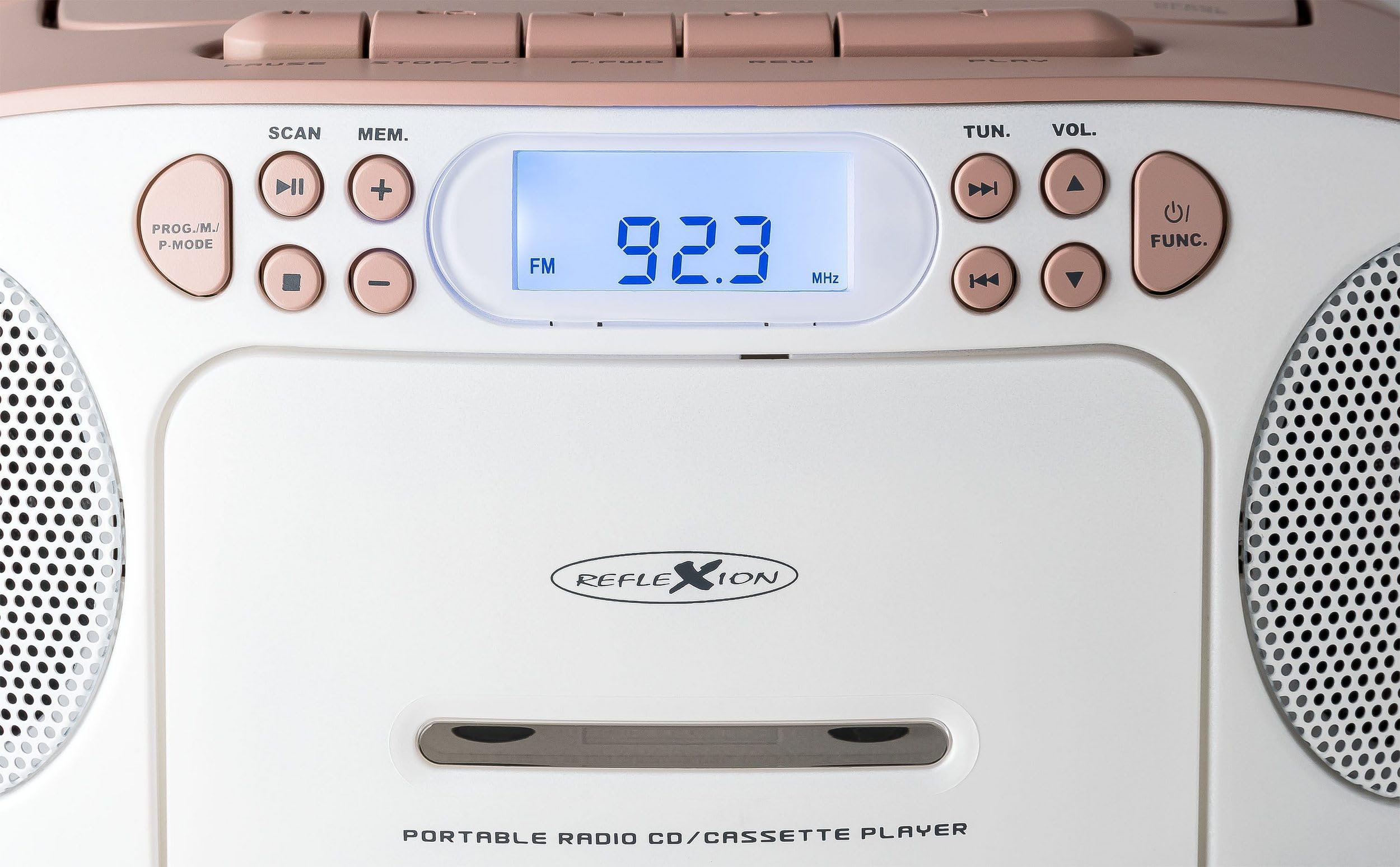 Reflexion RCR2260 Portable CD Player with Cassette & FM Radio - PLL Tuning, LCD Display, AUX Input, Headphone Jack - White/Pink (Home, Office, Car, Travel Use)