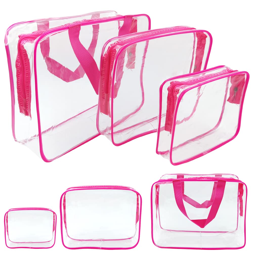 Waterproof Clear Toiletry Travel Bag - 3-in-1 PVC Cosmetic & Makeup Organizer with Zipper for Business Travel, Vacation, Bathroom Storage (Rose Red) | Perfect for TSA Compliance, Gym Essentials & Weekend Getaways