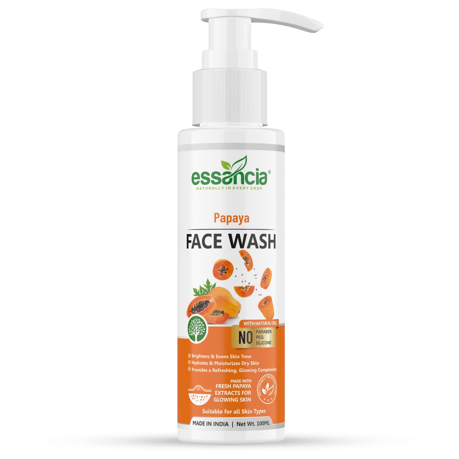 Essencia Papaya Face Wash - Deep Cleansing, Exfoliating & Hydrating Facial Cleanser | Paraben-Free, Silicone-Free | For Men & Women (100ml) | Perfect for Daily Skincare Routine & Acne-Prone Skin