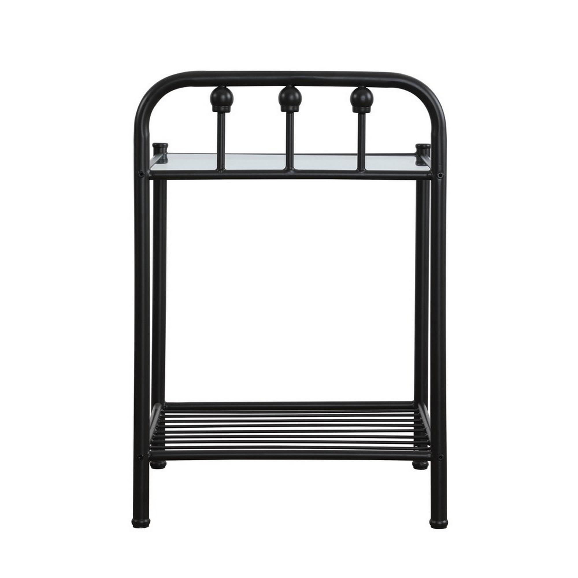 Black Benjara Metal Nightstand with Glass Top & Slatted Open Bottom Shelf - Modern Bedside Table for Bedroom, Living Room, or Office