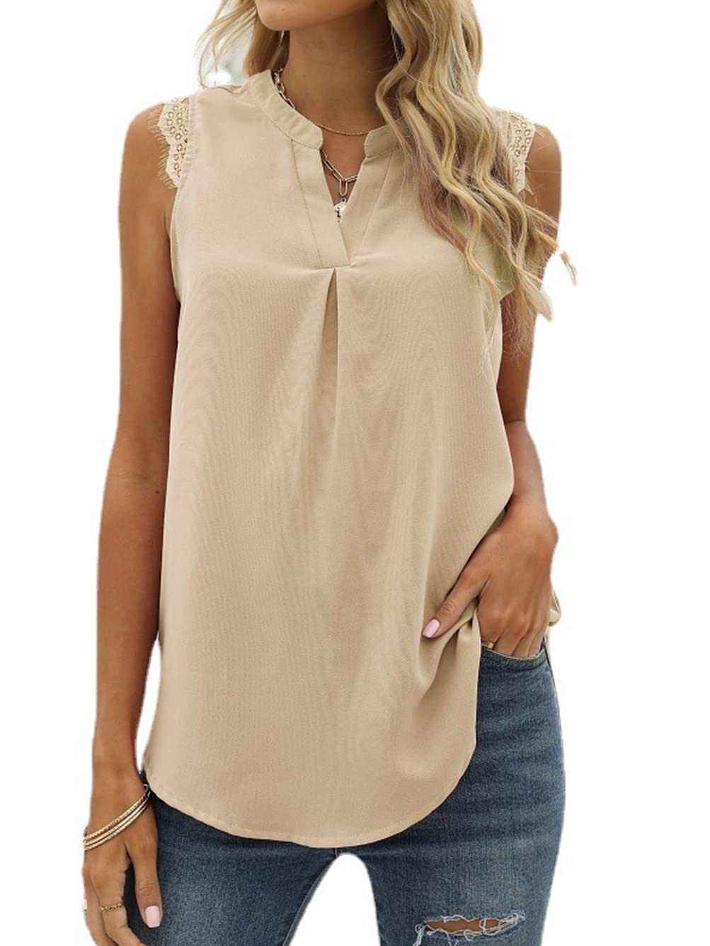 Voopptaw Women's V-Neck Lace Trim Tank Top - Summer Casual Sleeveless Blouse for Women - Perfect for Beach Outfits, Date Nights & Summer Vacations