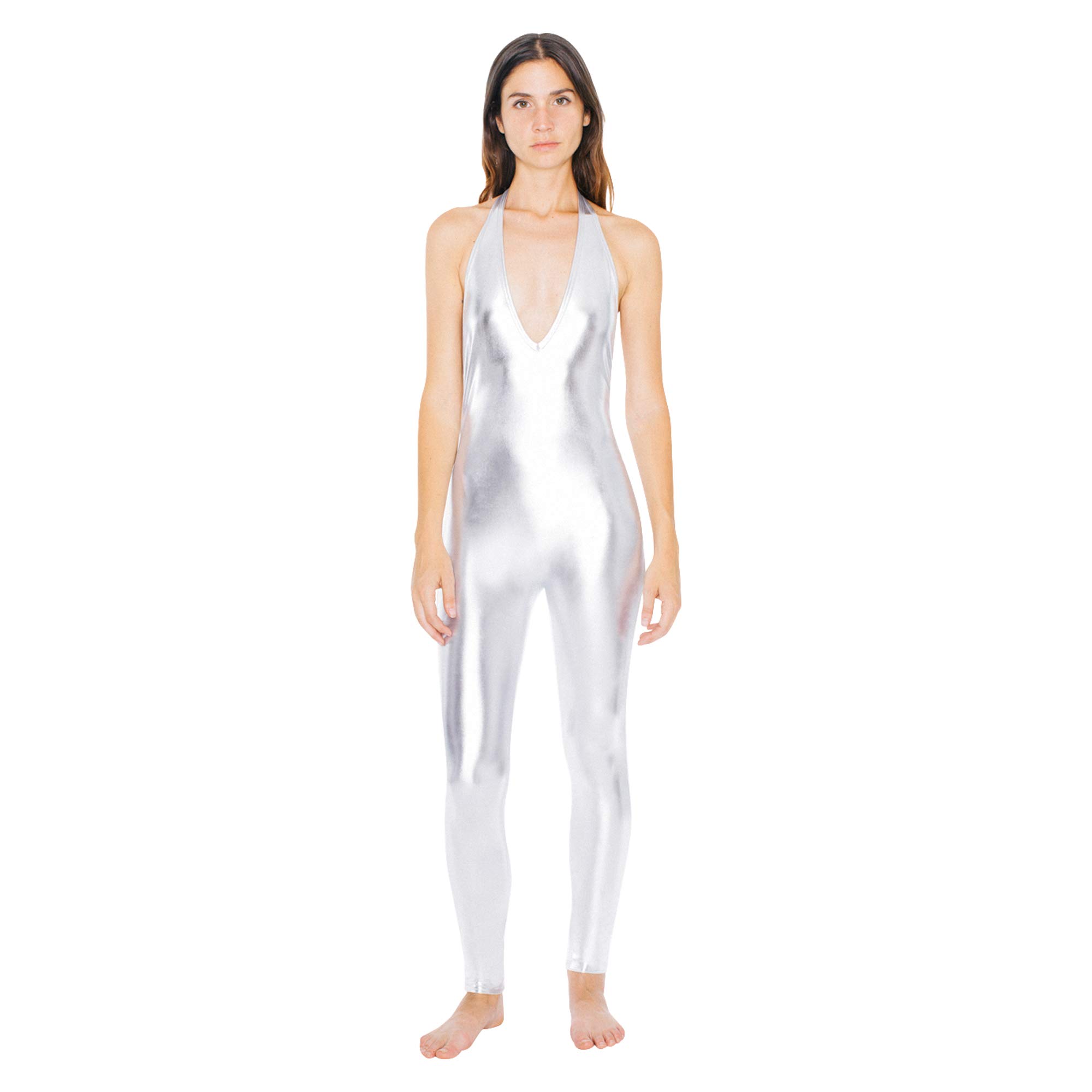 American Apparel Women's Metallic Halter Catsuit - Sexy Shiny Bodycon Jumpsuit for Clubwear, Cosplay & Night Out Outfits