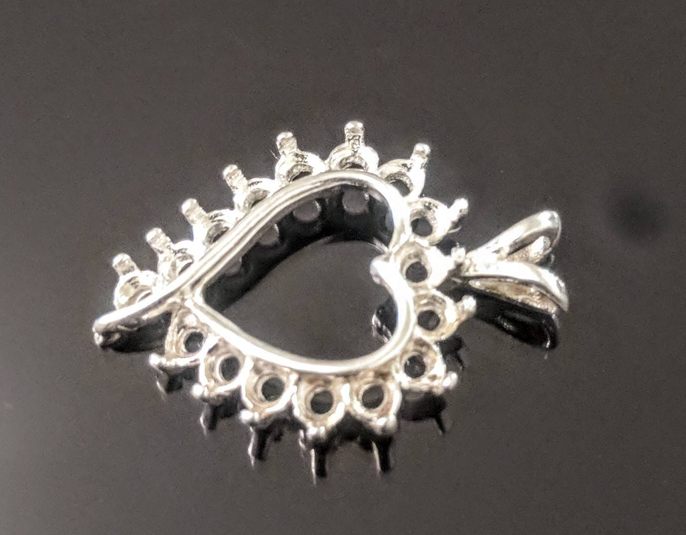 Solid Sterling Silver or 14k Gold 16 Stone Fancy Heart Pendant Setting - 2.25mm Round Gemstone Jewelry - Handcrafted in USA (161244/141244) - Perfect for Valentine's Day Gifts & Anniversary Presents