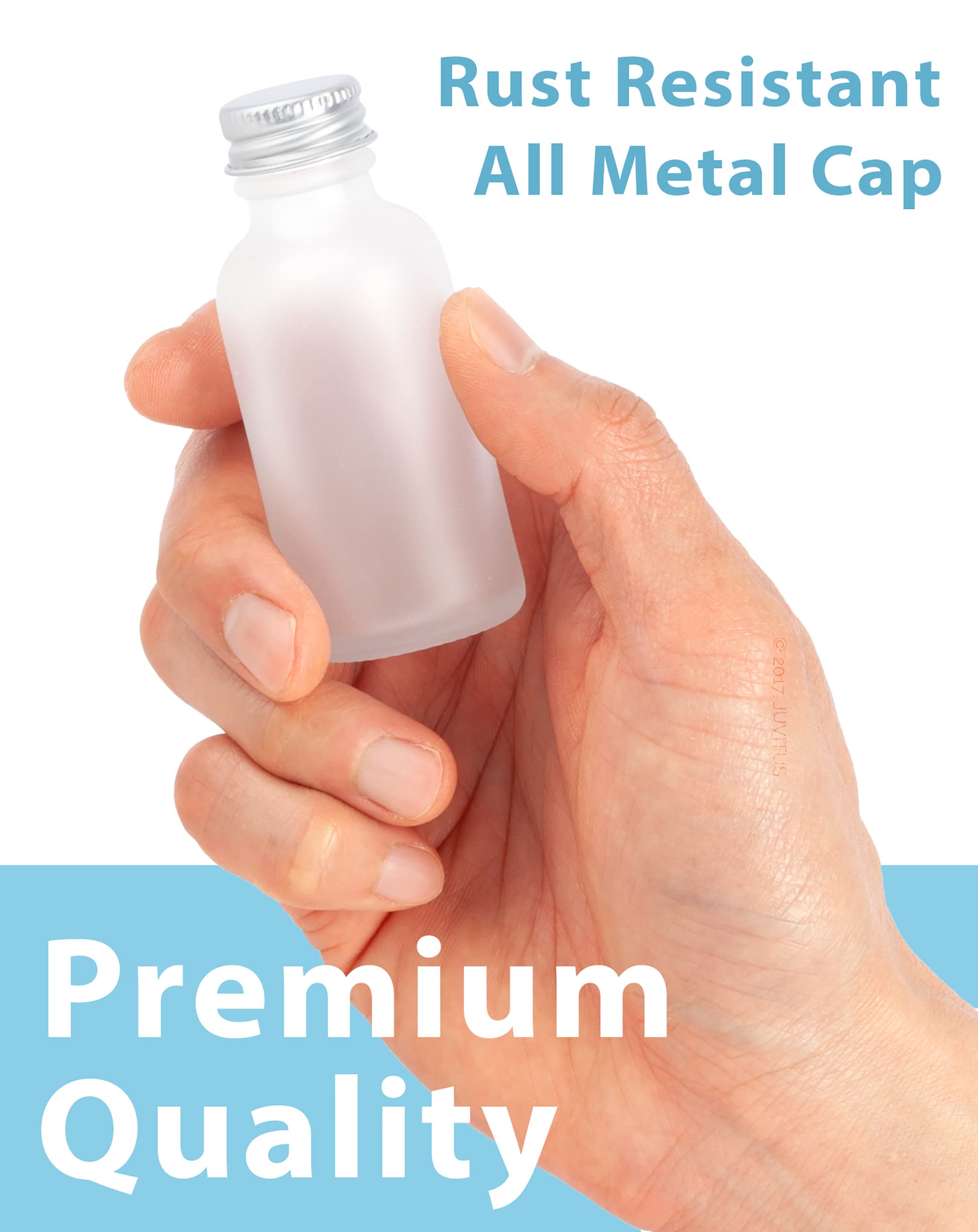 JUVITUS 12 Pack 1 oz Frosted Clear Glass Boston Round Bottles with Silver Screw Caps & Funnel - Essential Oil Bottles, DIY Perfume Containers, Travel-Sized Toiletry Storage