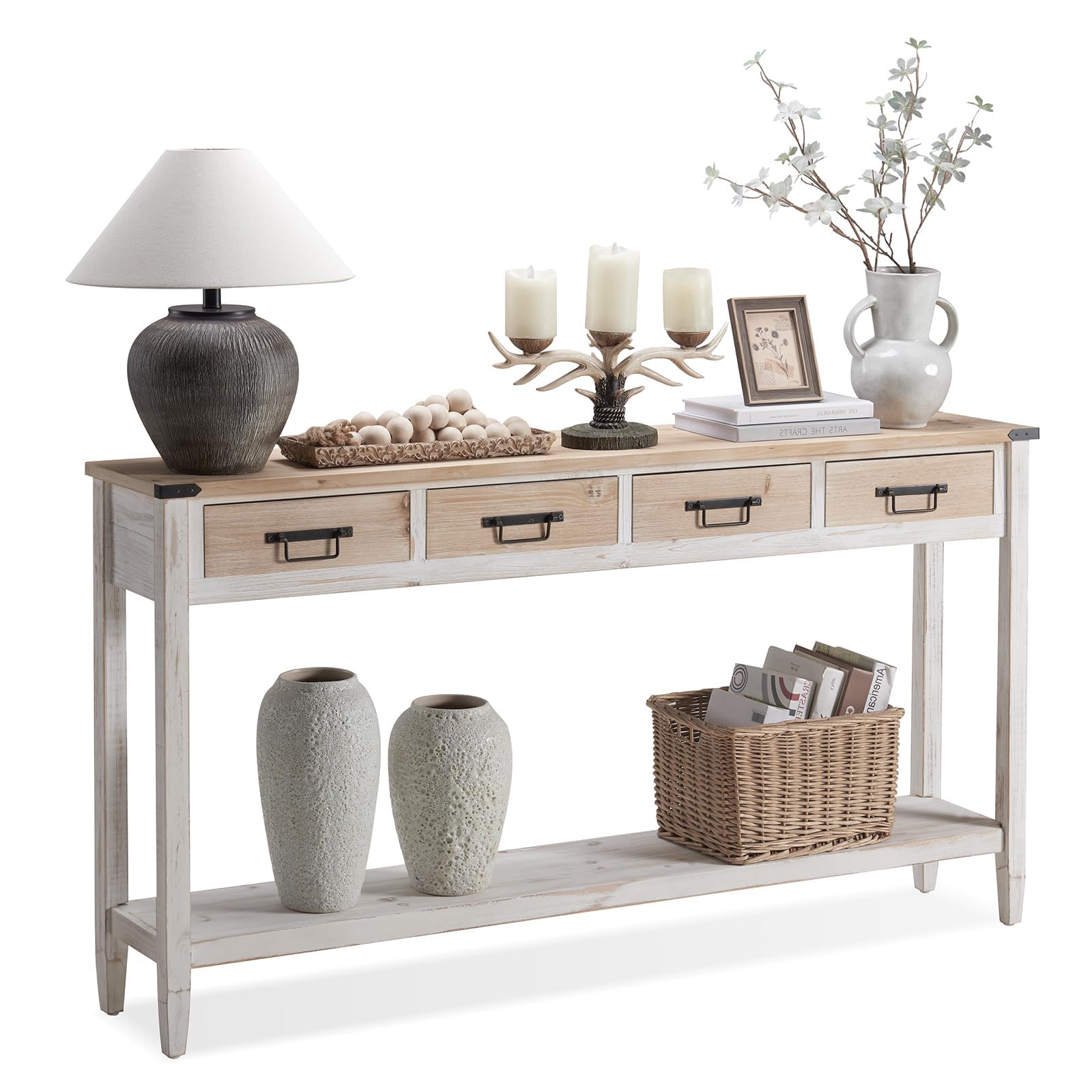 Rustic Farmhouse Console Table with 4 Drawers - 60