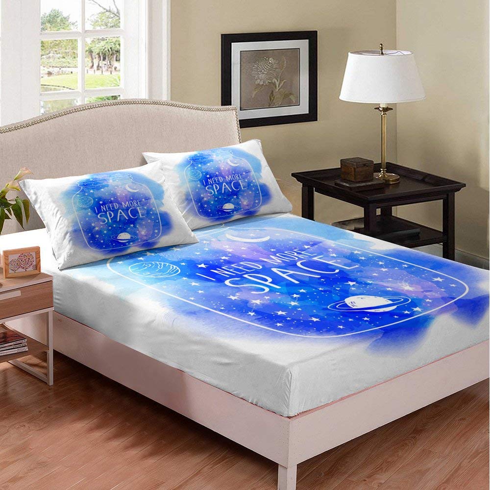 Blue Bottle Universe Kids Bed Sheet Set - Good Dream Theme Deep Pocket Duvet Cover, Queen Size White & Blue Dye 3-Piece Set (1 Fitted Sheet + 2 Pillowcases) for Cozy Bedroom Decor & Sweet Dreams