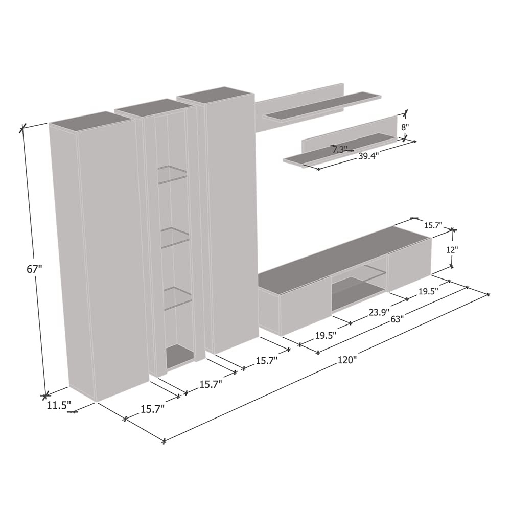 Modern Wall-Mounted TV Stand with Storage Shelves & LED Lights - Meble Fly C33 Entertainment Center for Bedroom & Living Room - Space-Saving Gray TV Console (Perfect for Small Apartments & Home Theater Setups)