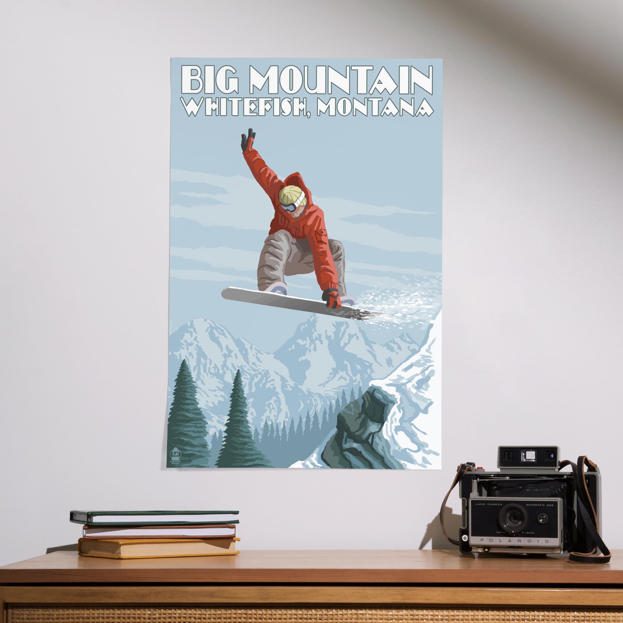 Lantern Press 16x24 Inch Giclee Art Print - Whitefish Montana Big Mountain Snowboarder Jumping Wall Decor - Perfect for Living Room, Bedroom & Office