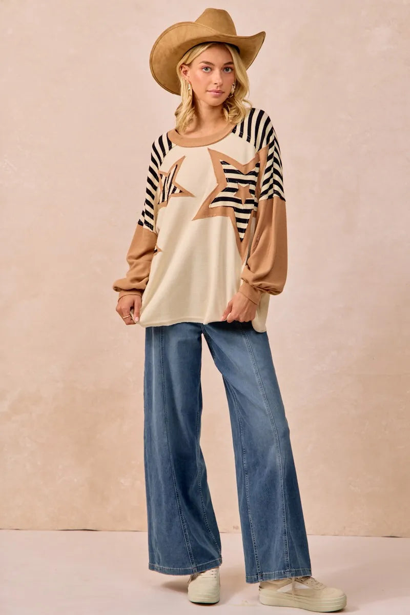 BiBi Star Patchwork Mixed Long Sleeve Top for Women - Stylish Boho Chic Blouse for Casual Wear, Date Night & Office Outfits