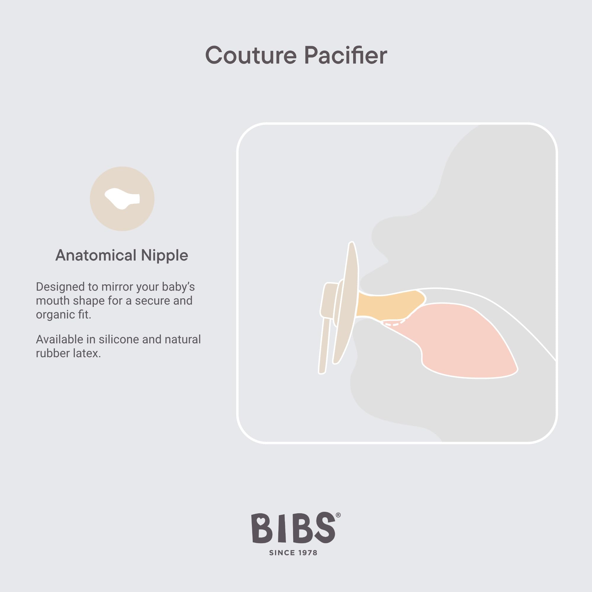 BIBS Couture Baby Pacifier 2-Pack - BPA Free Natural Rubber Latex Soother for Infants 6-18 Months | Made in Denmark | Anatomical Nipple, Vanilla & Peach Colors | Perfect for Daycare, Travel & Comforting Fussy Babies