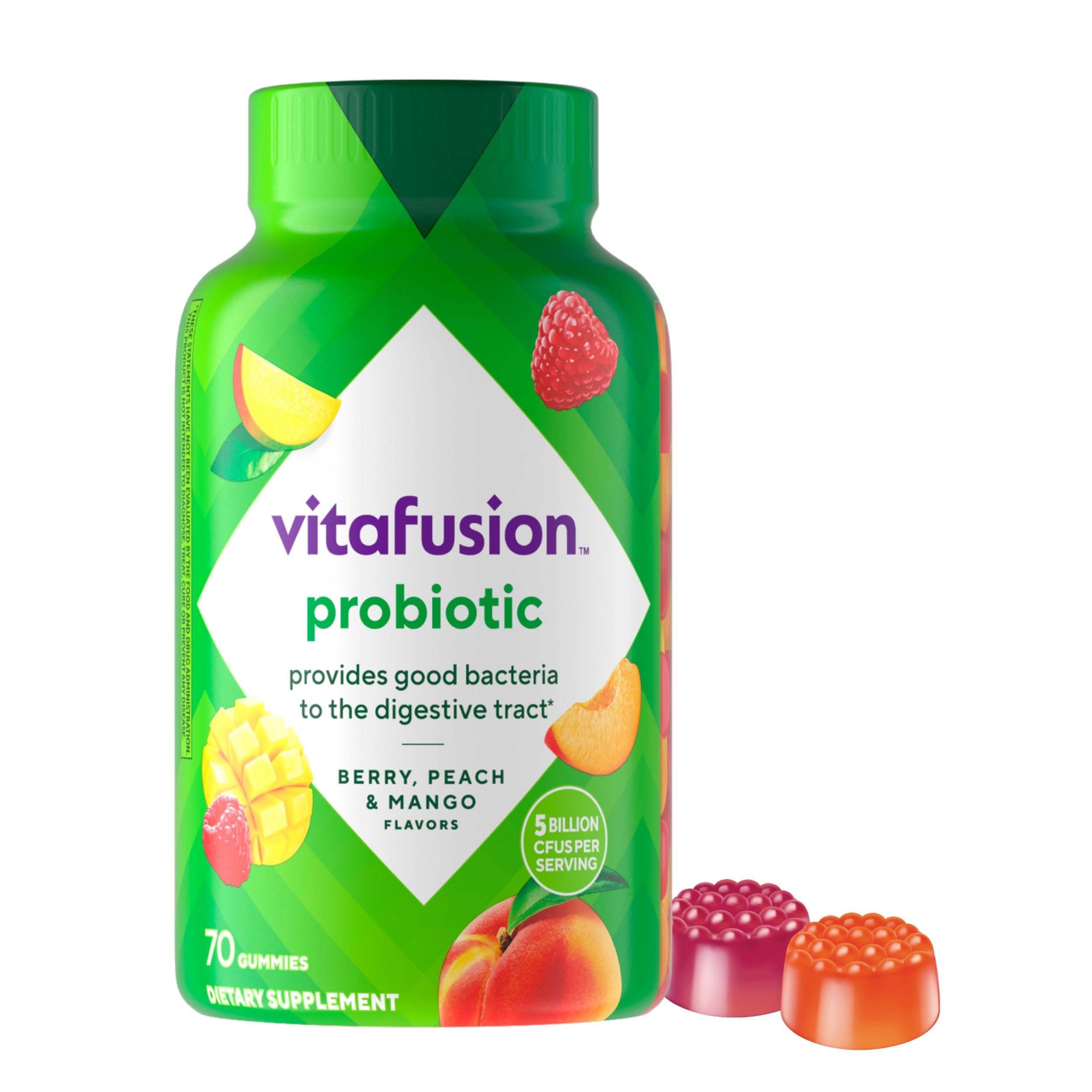 Vitafusion Probiotic Gummy Supplements for Digestive Health - Raspberry, Peach & Mango Flavors - 5 Billion CFUs Probiotic - America's #1 Gummy Vitamin Brand - 70 Count (35 Day Supply) - Supports Gut Health & Immune System - Perfect for Adults & Kids Daily Wellness Routine