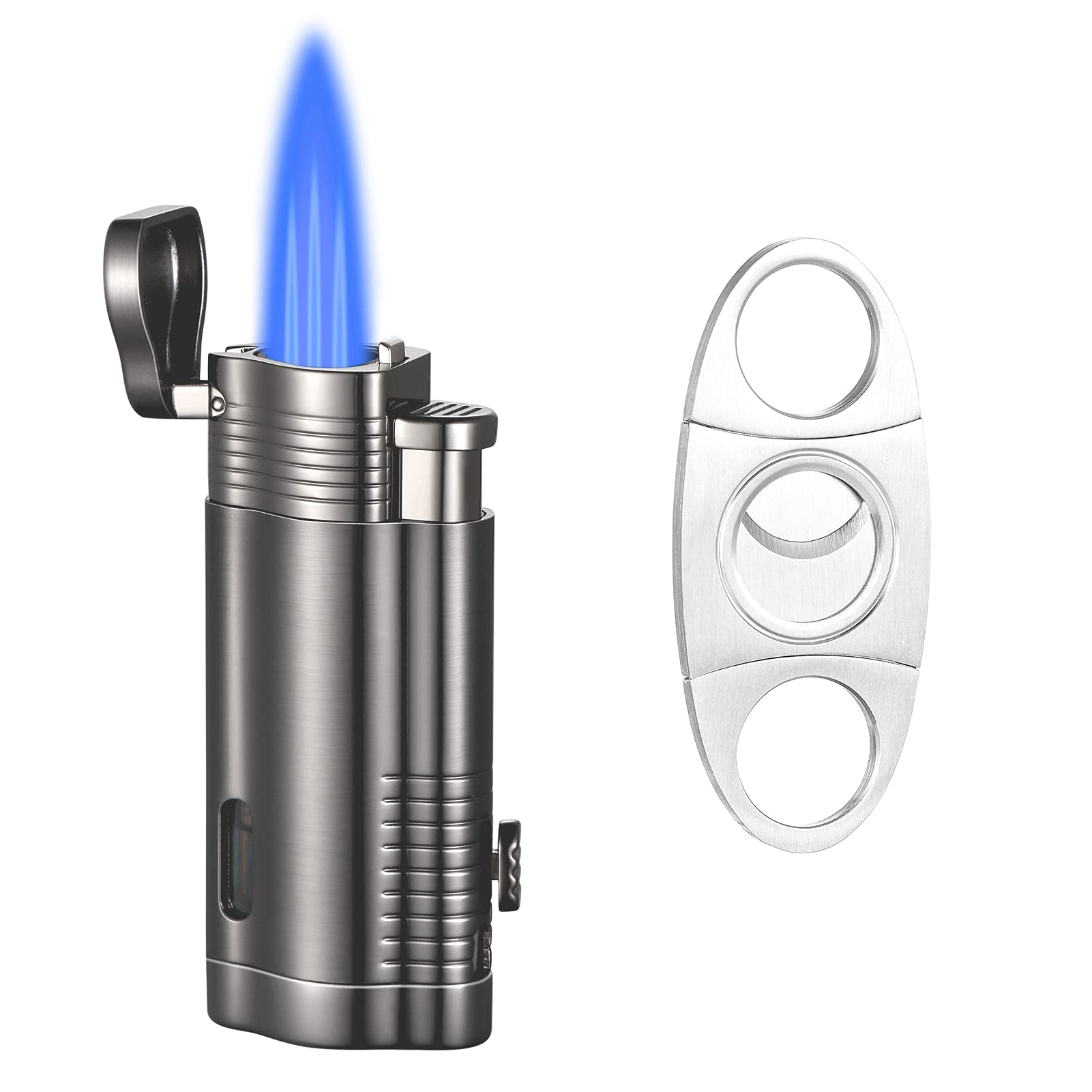 Premium Triple Jet Flame Cigar Torch Lighter - Adjustable Windproof Butane Refillable Lighter with Fuel Gauge Window, Compact Pocket Size (Butane Not Included) - Perfect for Cigar Enthusiasts, Outdoor Smoking & Luxury Gifts for Men (BFC437)