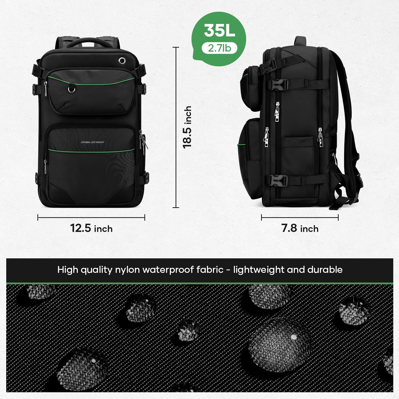Maelstrom 35L Travel Backpack for Men & Women - Waterproof Carry-On with Belt Bag & Shoe Compartment, Fits 17” Laptop - Classic Black, Large - Perfect for Airplane Travel & Outdoor Adventures
