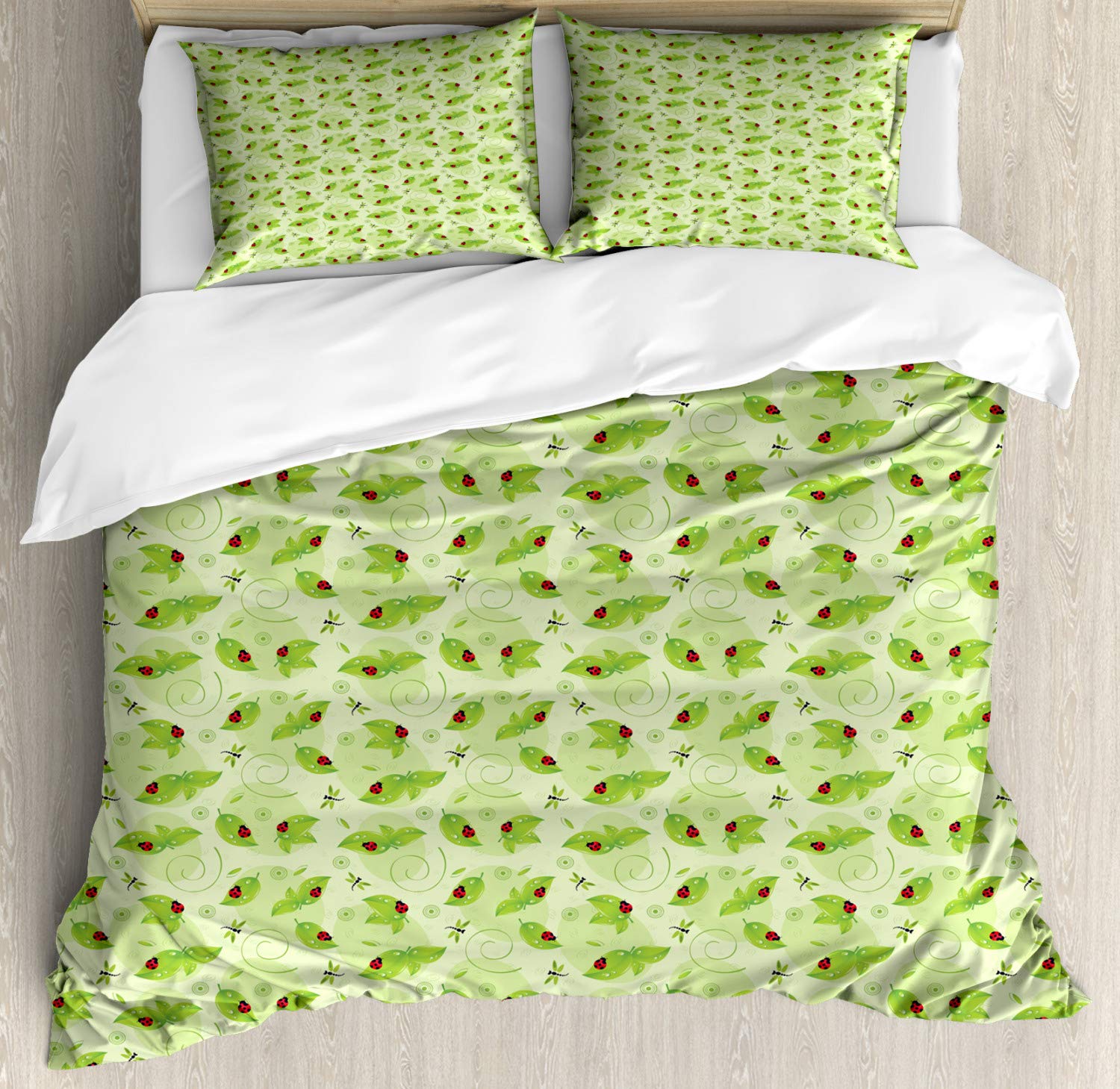 Ambesonne Ladybug Duvet Cover Set - Queen Size 2-Pack with 2 Duvet Covers & 4 Pillowcases, Abstract Dragonflies and Seasonal Foliage Design in Pale Green Vermilion - Perfect for Spring/Summer Bedroom Decor, Guest Room, and Kids Room