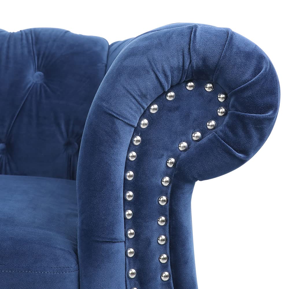 3 Piece Living Room Set - Chesterfield Velvet Sofa, Loveseat & Chair with Scroll Arms & Nailhead Trim - Blue Velvet Upholstery for Home, Office & Lounge (1-2-3 Seating Set) - Perfect for Living Rooms, Home Theaters & Luxury Apartments