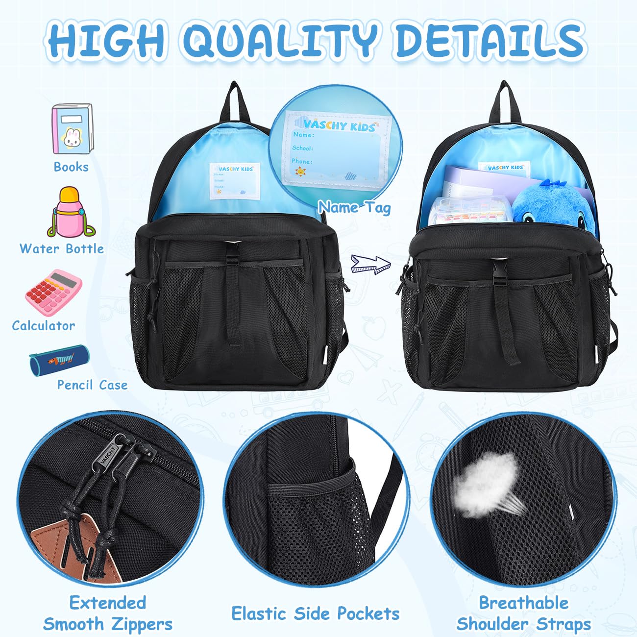 VASCHY Kids Backpack with Insulated Lunch Box Set - School Bookbag for Toddlers, Preschool, Daycare, Kindergarten & Elementary Students | Black | Perfect for School, Travel & Outdoor Activities