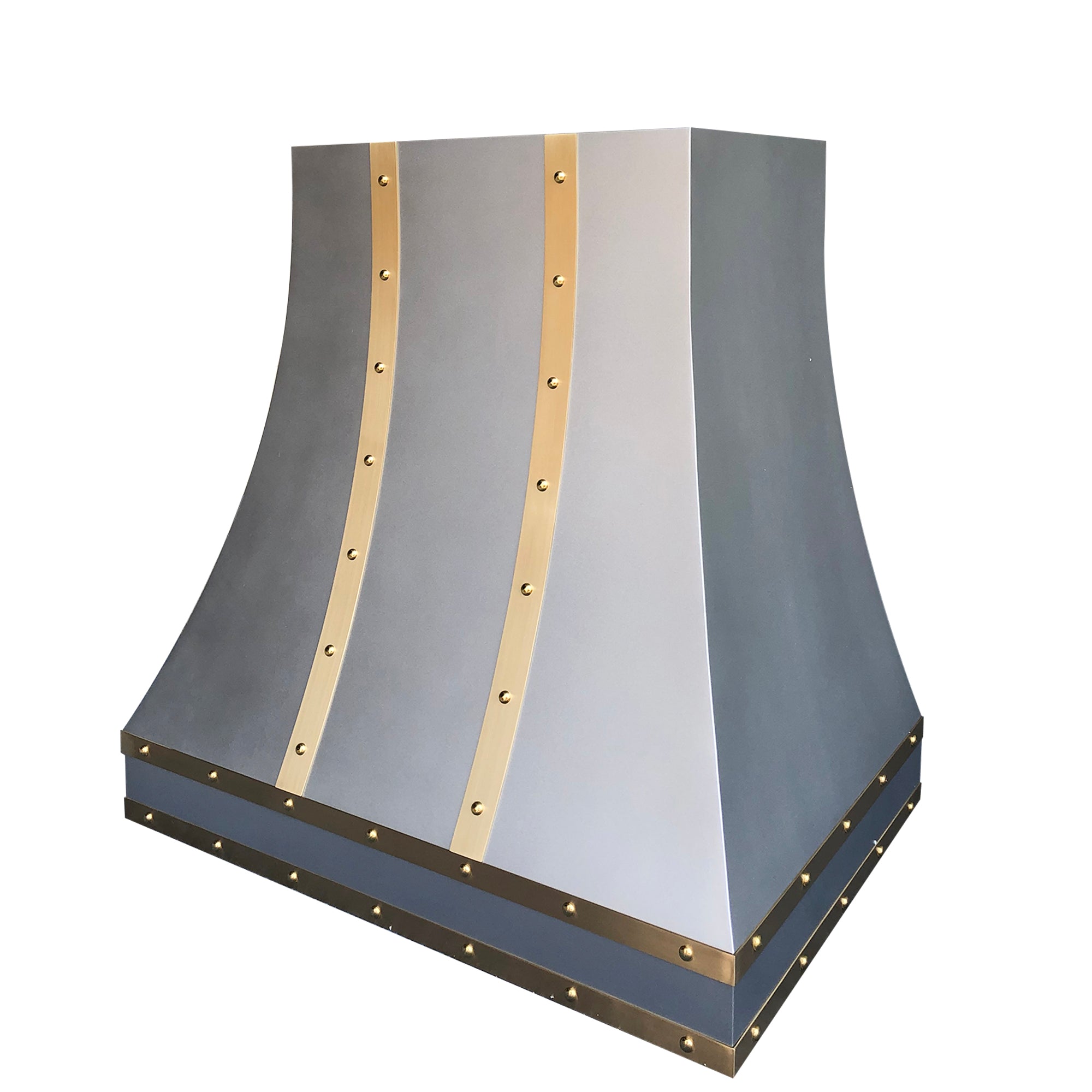 Premium RHM SH7 2TRL Stainless Steel Custom Curved Range Hood with Decorative Brass Buttons - Perfect for Modern Kitchens & Restaurant Ventilation Systems