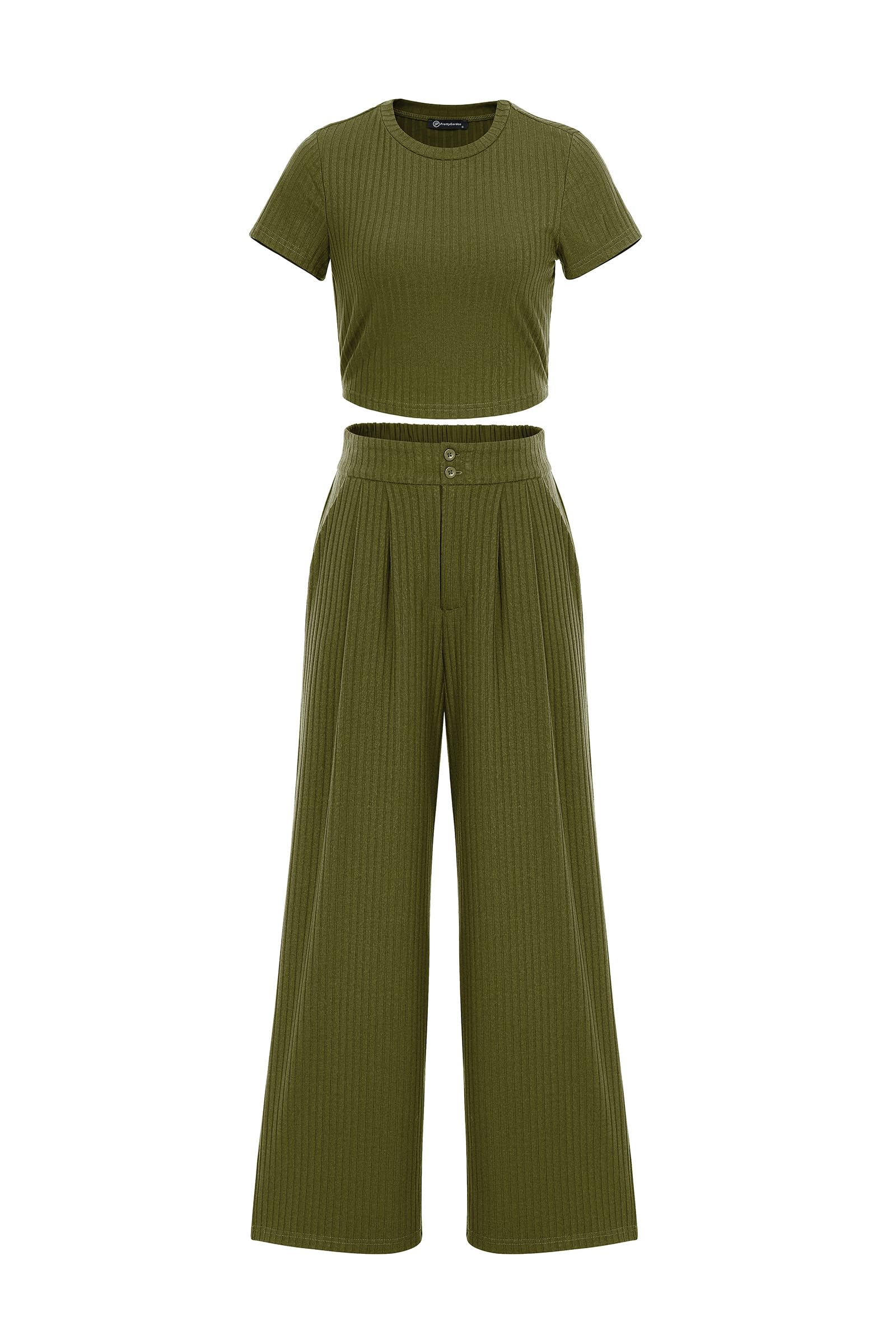 PRETTYGARDEN Women's Summer Knit 2 Piece Outfit - Short Sleeve Crop Top & Wide Leg Pants Set | Casual Loungewear, Tracksuit for Yoga, Beach & Streetwear Fashion