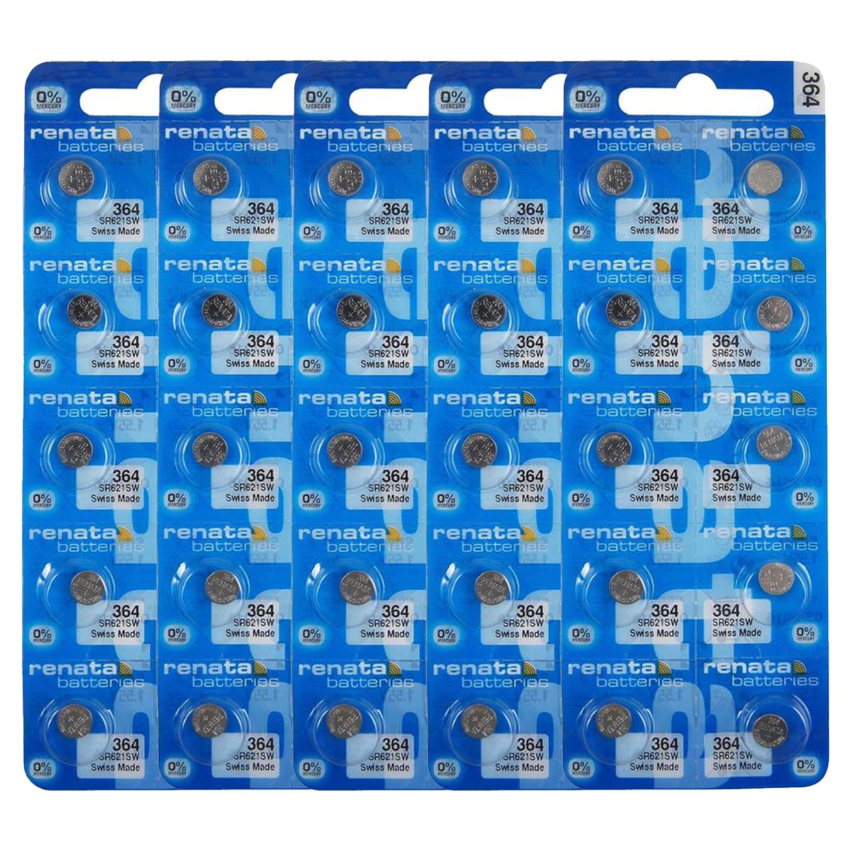Renata 364 SR621SW 1.55V Silver Oxide Watch Batteries - 50 Pack for Watches, Calculators & Small Electronics - Long Lasting Power Supply