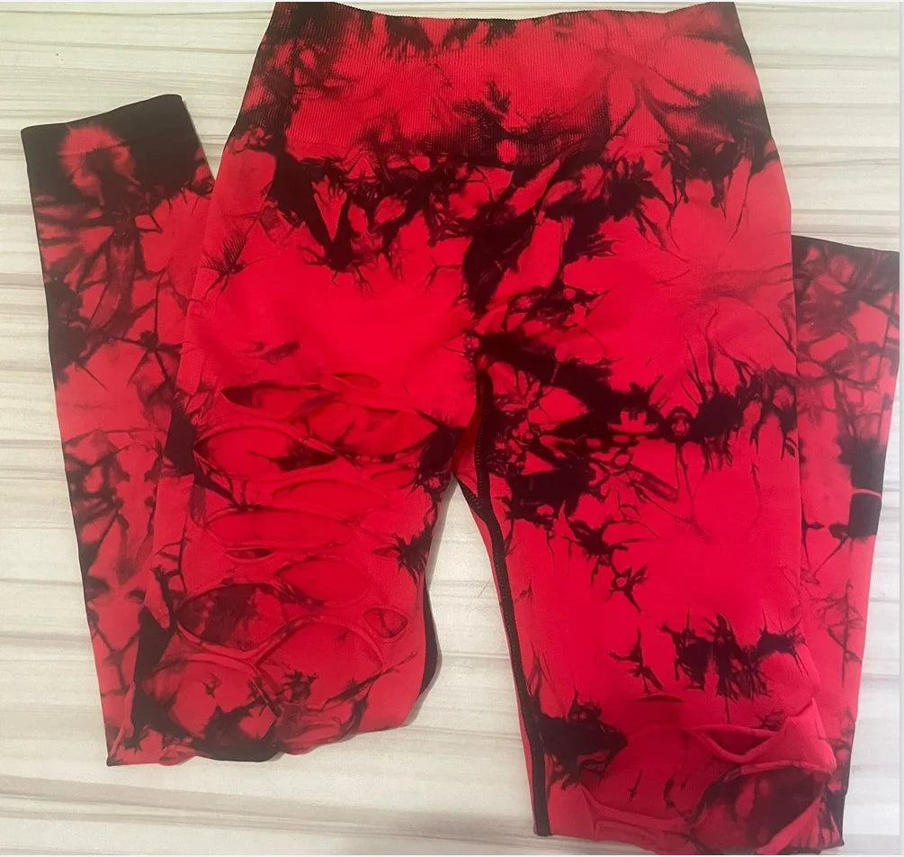 Women's Tie-Dye Hollow Out Leggings - High Waisted Push Up Gym Tights for Running, Yoga & Fitness | Sexy Sports Pants for Workout & Activewear | Red Athletic Leggings