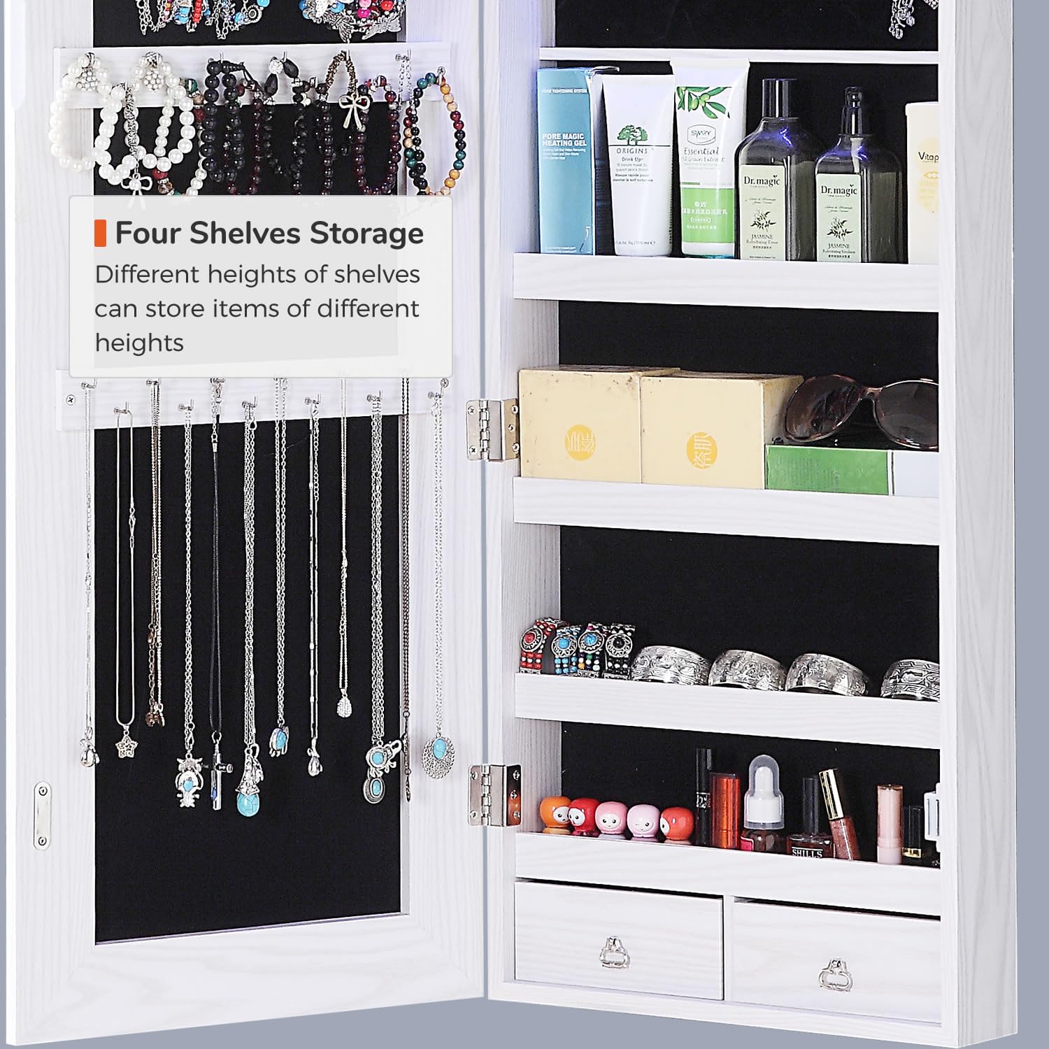 GISSAR Full Length Mirror Jewelry Cabinet with 6 LED Lights - Wall Mounted or Over The Door Hanging Jewelry Armoire - Lockable White Jewelry Organizer Storage for Bedroom, Closet & Dressing Room