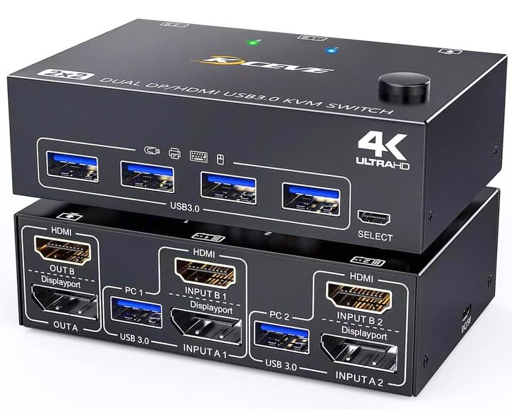 MLEEDA USB 3.0 Dual Monitor KVM Switch - 4K@60Hz HDMI & DisplayPort, 2K@120Hz, 2 Computers Control 2 Monitors with 4 USB 3.0 Ports - Includes Wired Remote & 4 Cables for Home Office, Gaming & Multi-Tasking Workstations