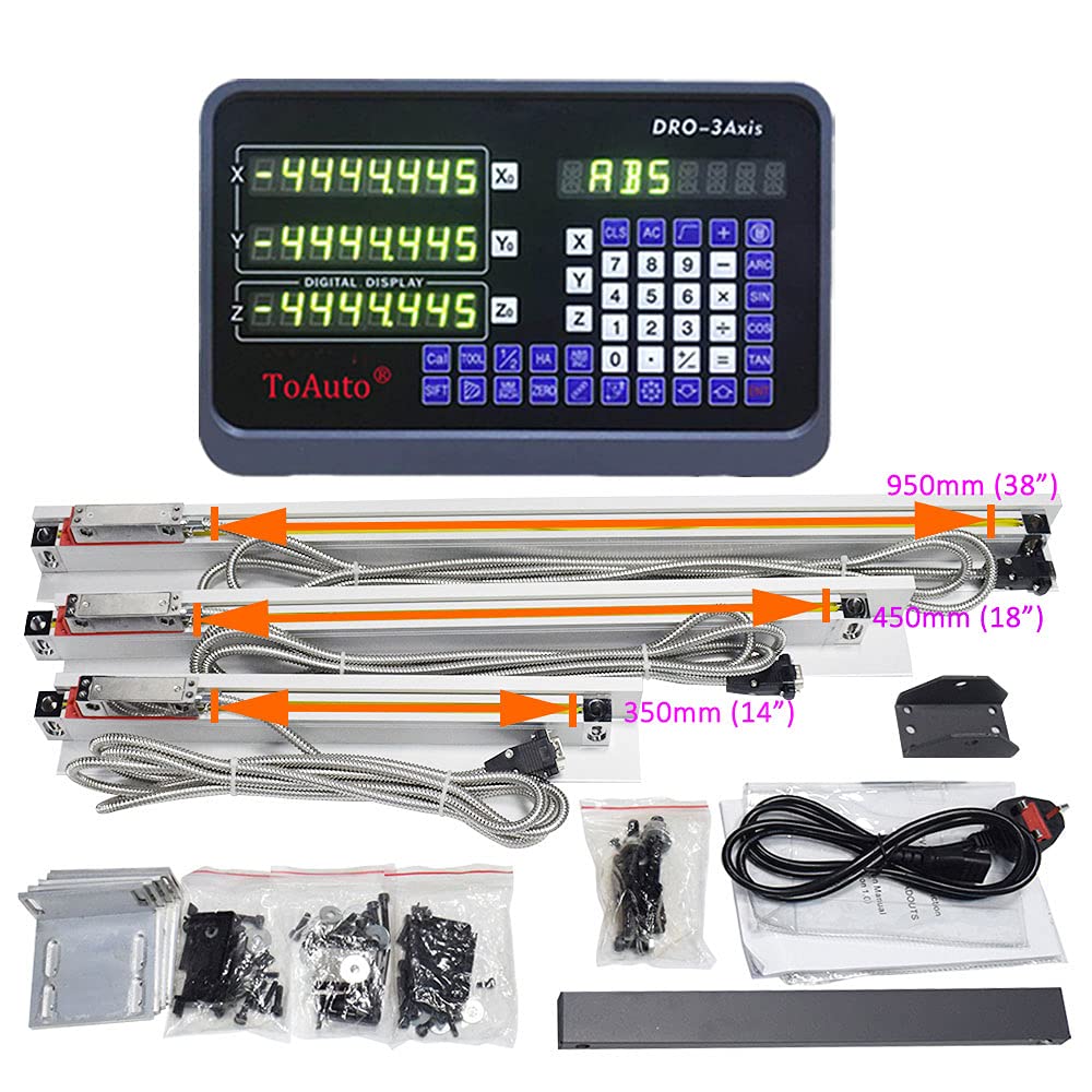 3 Axis Digital Readout DRO Display with 3pc Glass Linear Scale (350mm+450mm+950mm) for CNC Milling Machine & Lathe | Precision Measurement Tool for Metalworking & Woodworking