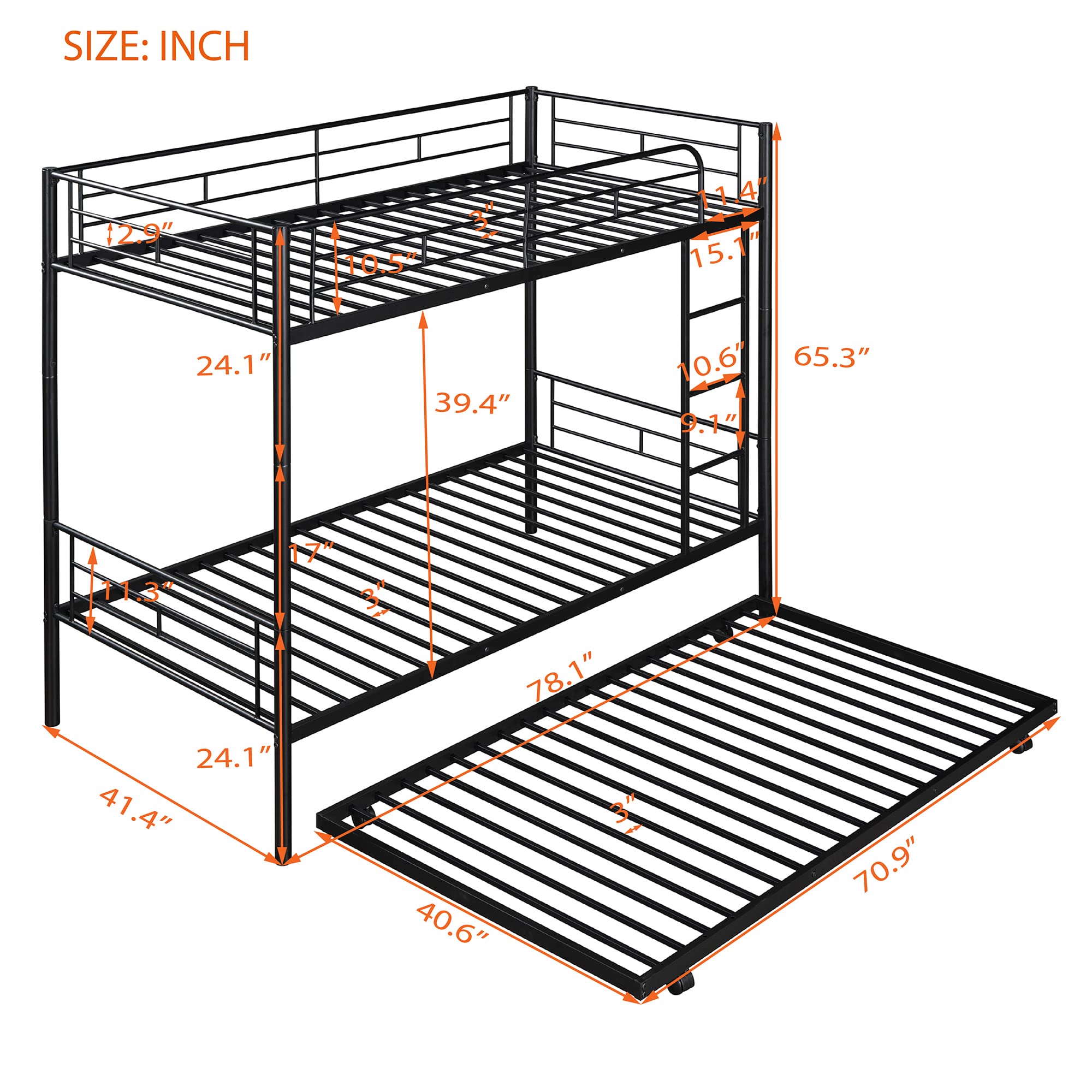 Merax Heavy Duty Twin Over Twin Metal Bunk Bed with Trundle & Removable Ladder - Converts to 2 Separate Beds, No Box Spring Required (Black) - Perfect for Kids' Rooms, Guest Rooms & Space-Saving Solutions