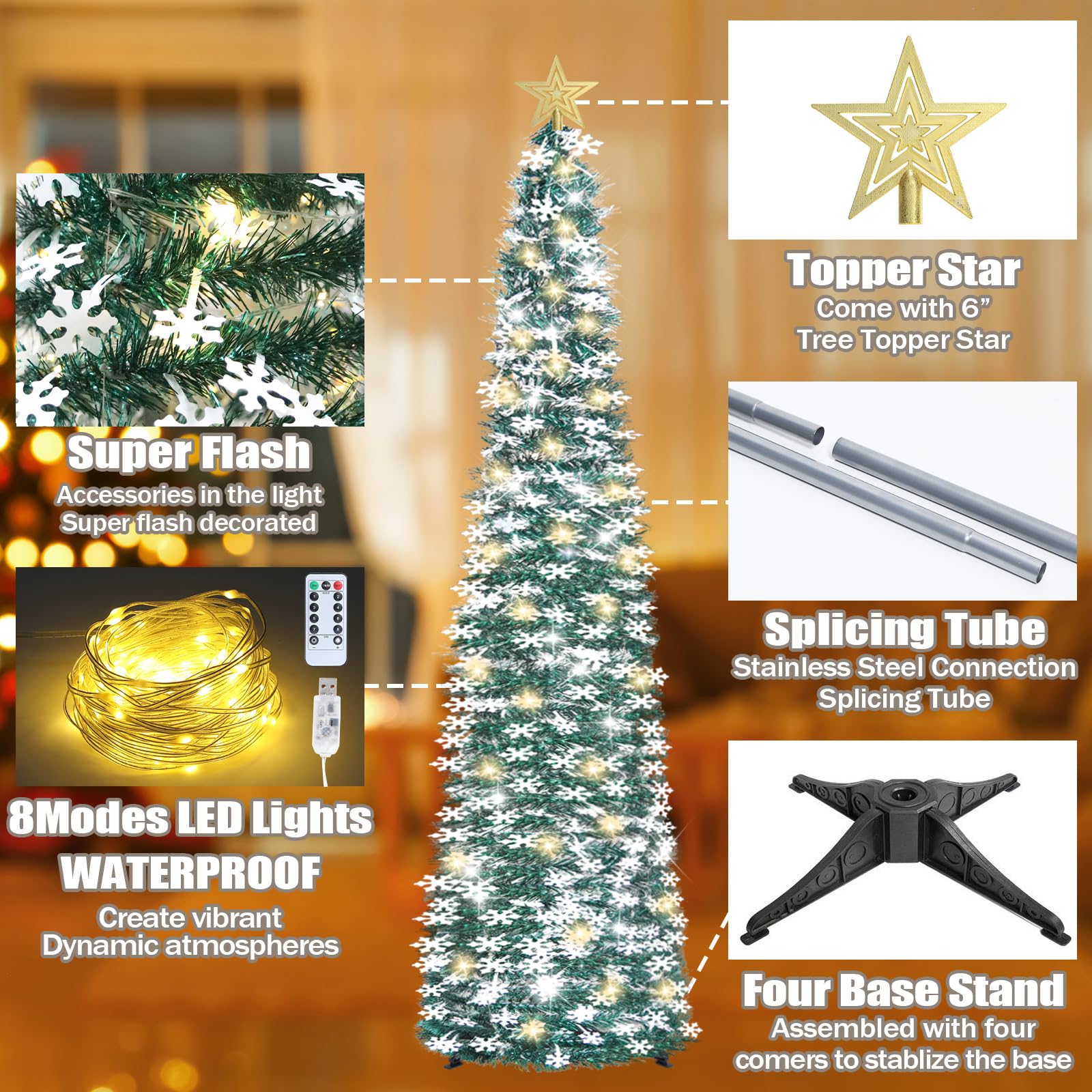 6 FT Pop Up Tinsel Christmas Tree with 100 LED Lights & Remote Control - Collapsible Artificial Pencil Tree with Snowflake Ornaments - USB Powered Timer Holiday Decor for Home, Office, Party | Perfect for Living Room, Bedroom, Christmas Party & Winter Festival Decorations