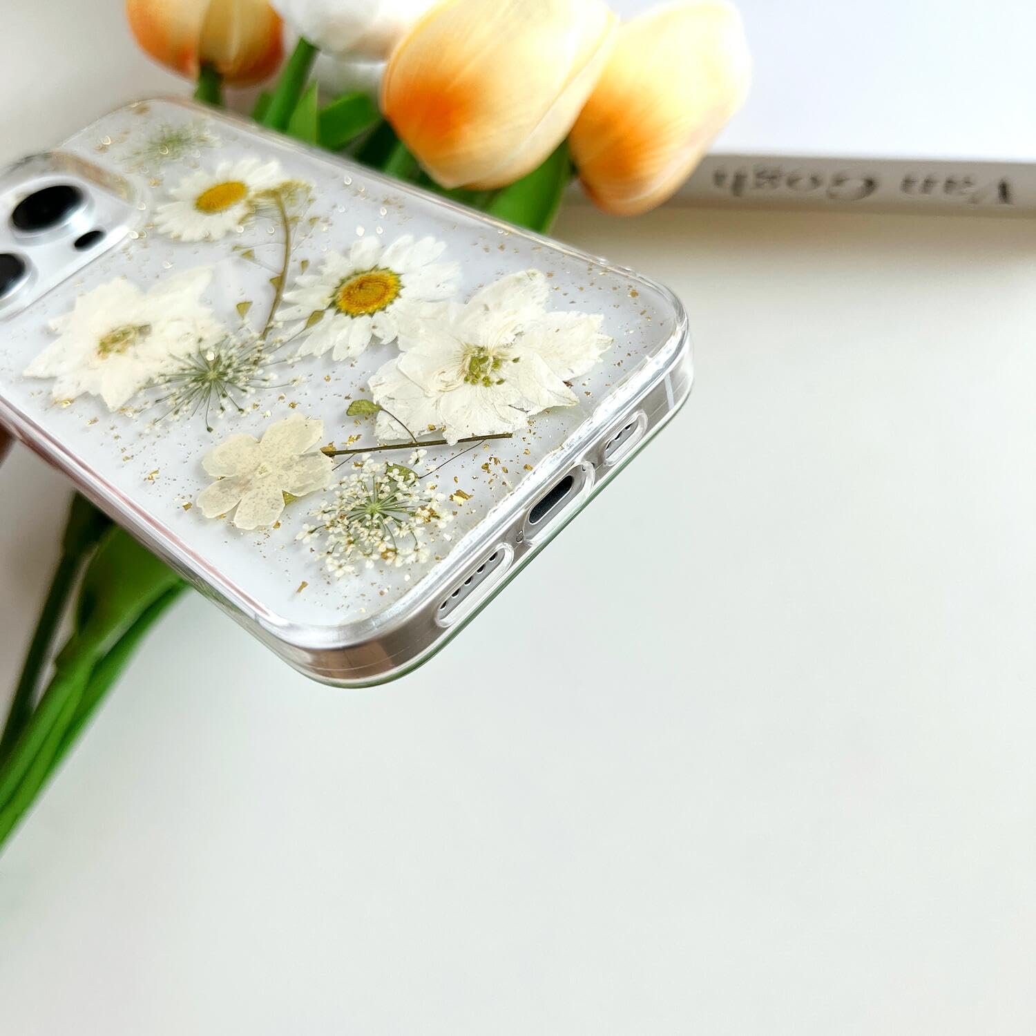 Premium Clear iPhone 15 Pro Max Case with Pressed Real Flowers & Glitter - Slim Soft TPU Protective Cover with Elegant White Floral Design for Women | Perfect for Everyday Use, Gift Giving & Fashion Accessories