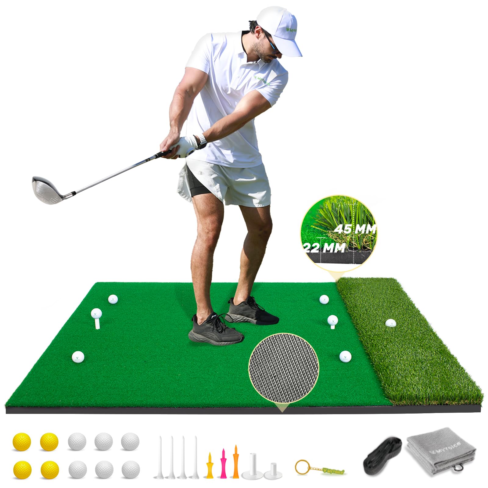 Premium MyVoice Pro 5x4ft Thickened Golf Practice Mat Set - High-Elastic Non-Slip Base with Multiple Turf Options for Indoor/Outdoor Training | Perfect for Backyard, Garage & Driving Range Precision Shot Practice