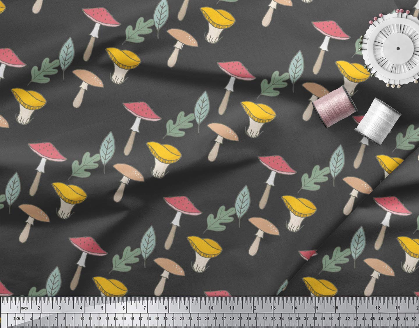 Soimoi 100% Cotton Poplin Fabric - Gray Leaves & Mushroom Botanical Print - 56