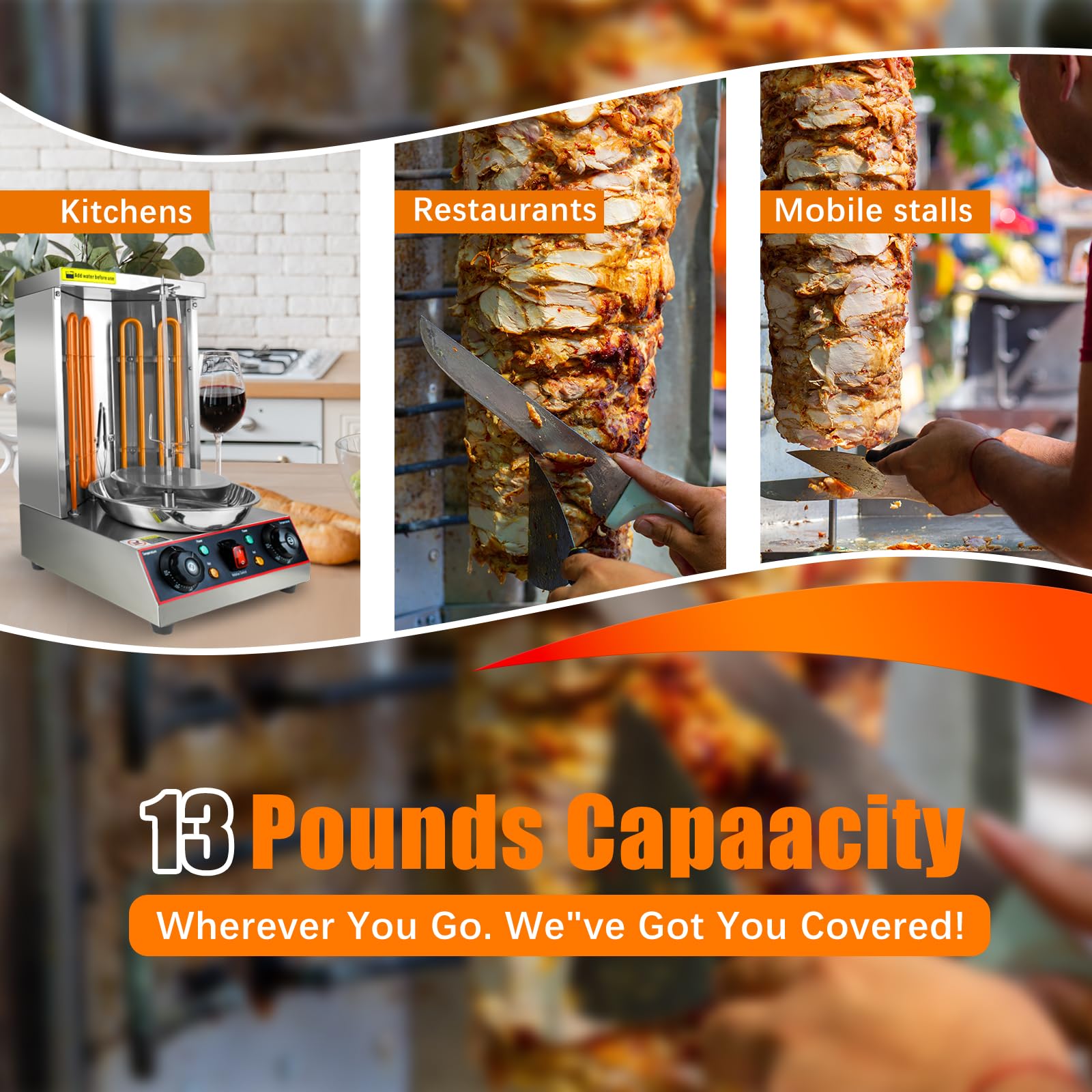 YOOKTEN 3000W Commercial Electric Shawarma Grill Machine - Stainless Steel Vertical Rotisserie for Doner Kebab, Gyro & Chicken - Includes Meat Catch Pan (Silver) - Perfect for Restaurants, Food Trucks & Home Kitchens
