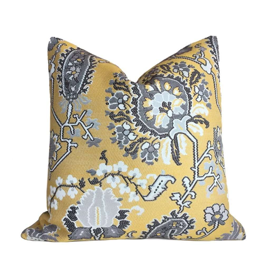 Southwest Tribal Floral Pillow Cover - Aztec Yellow Gray Designer Cushion Case for 20x20 Inserts | Boho Home Decor, Living Room Throw Pillow, Bedroom Accent